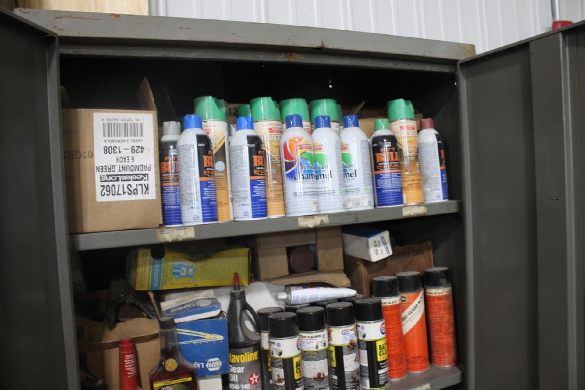 TWO DOOR STEEL CABINET, 72" X 36" X 18", WITH CONTENTS OF ASSORTED SPRAYS, CLEANERS AND ADDITIVES - Image 2 of 4