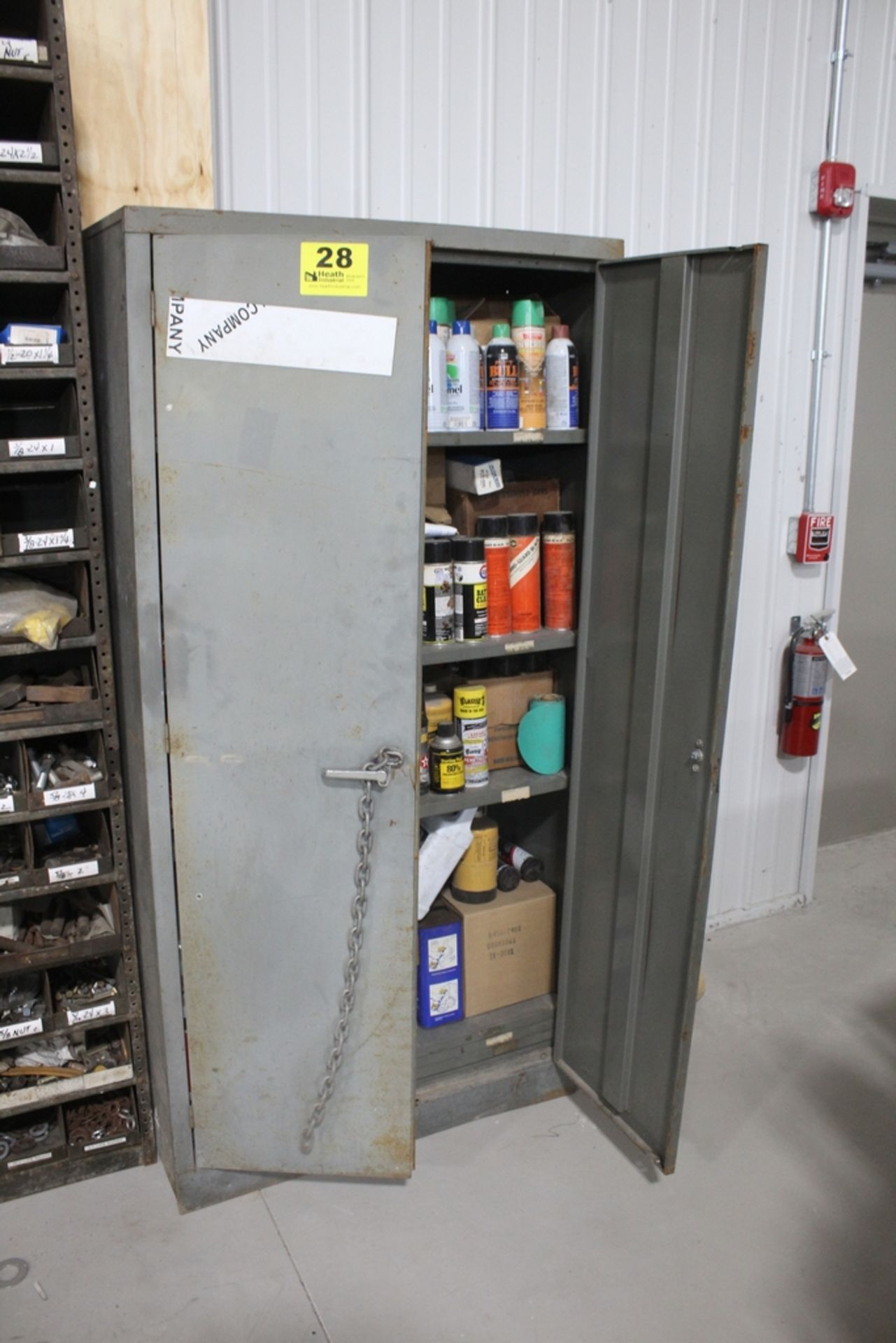 TWO DOOR STEEL CABINET, 72" X 36" X 18", WITH CONTENTS OF ASSORTED SPRAYS, CLEANERS AND ADDITIVES
