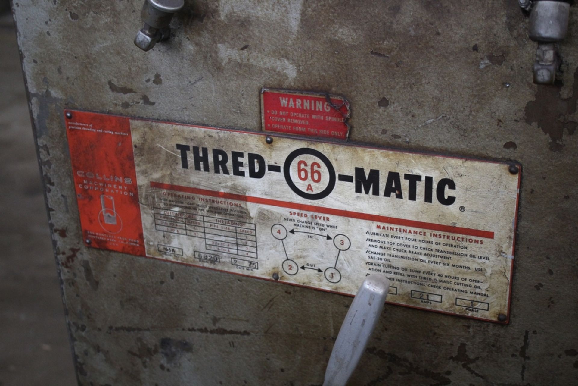 COLLINS NO. 66A THREAD-O-MATIC PIPE THREADER S/N 6920 - Image 2 of 4