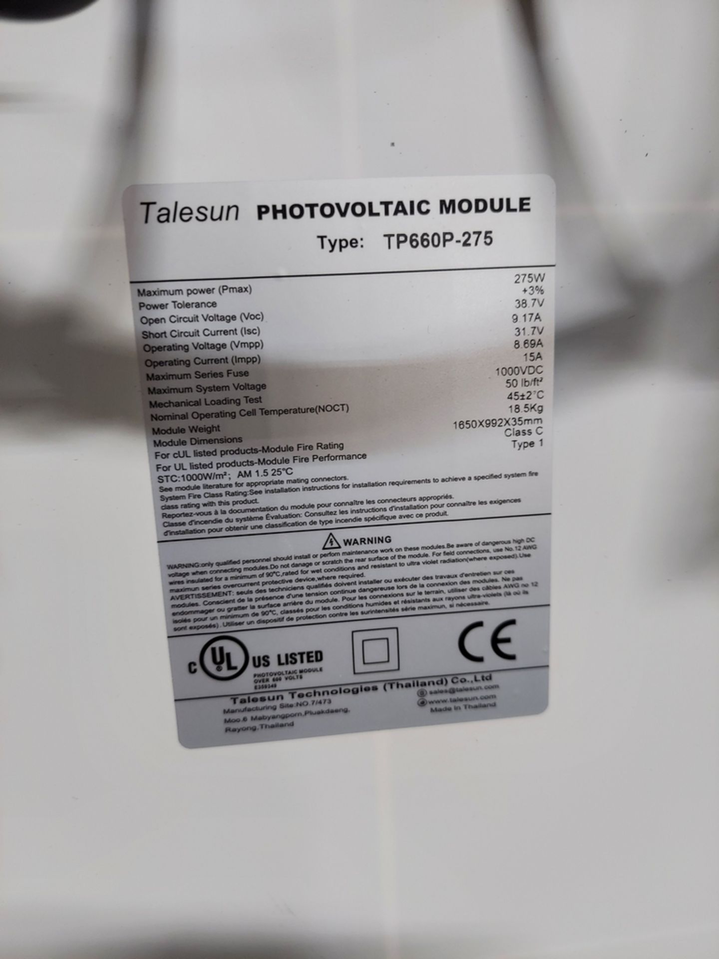 (1) TALESUN MODEL TP660P 275 WATT 60 CELL POLY SOLAR PANEL, 992MM X 1650MM - Image 3 of 3