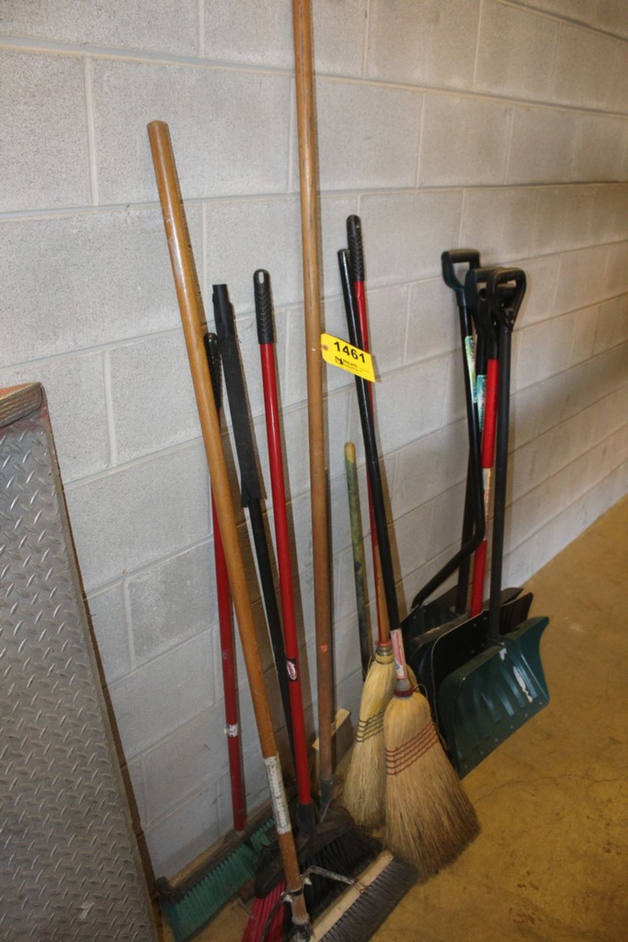 ASSORTED BROOMS AND SHOVELS