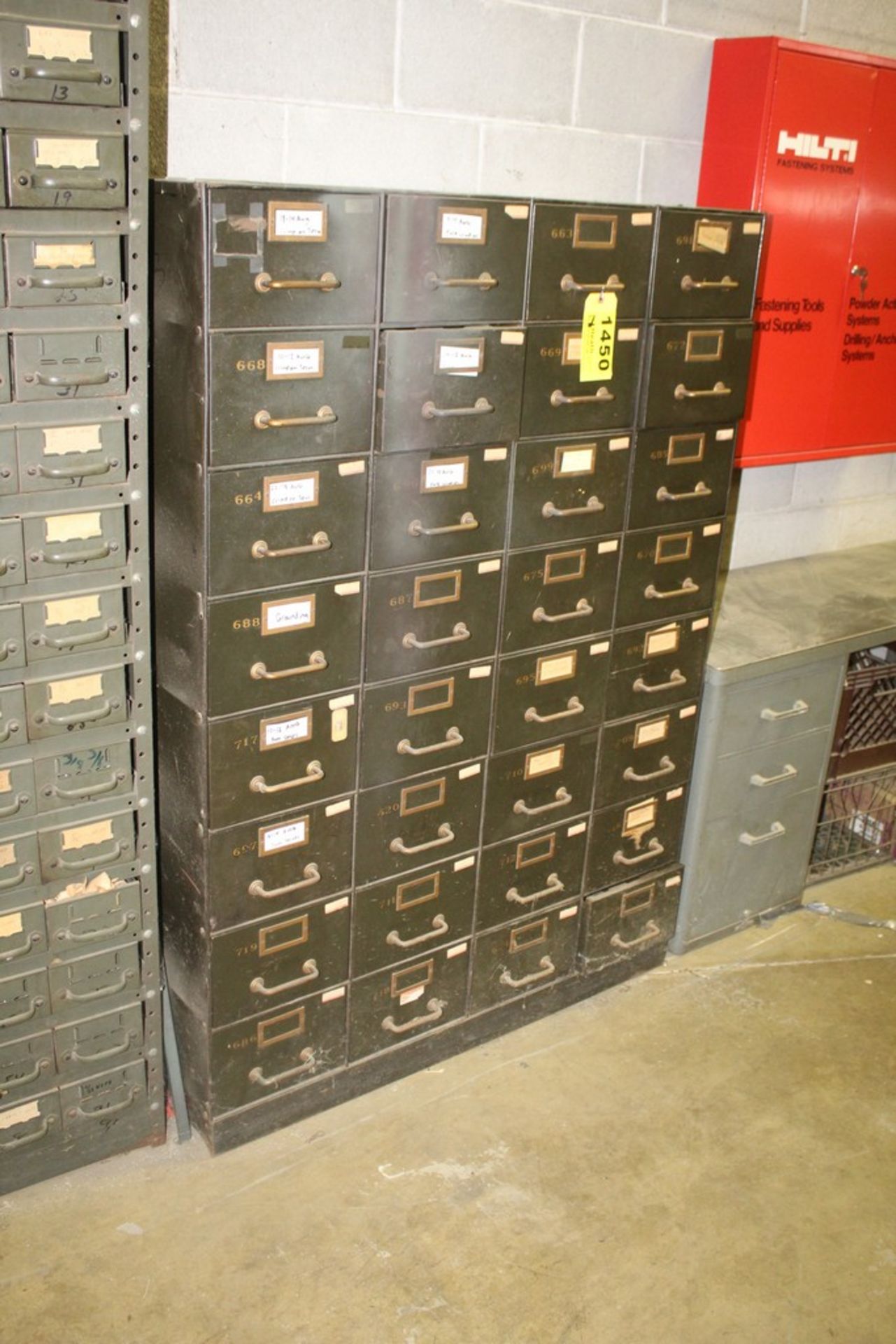 STEEL PARTS CABINET, 32-DRAWER, 42" X 17" X 72", WITH CONTENTS