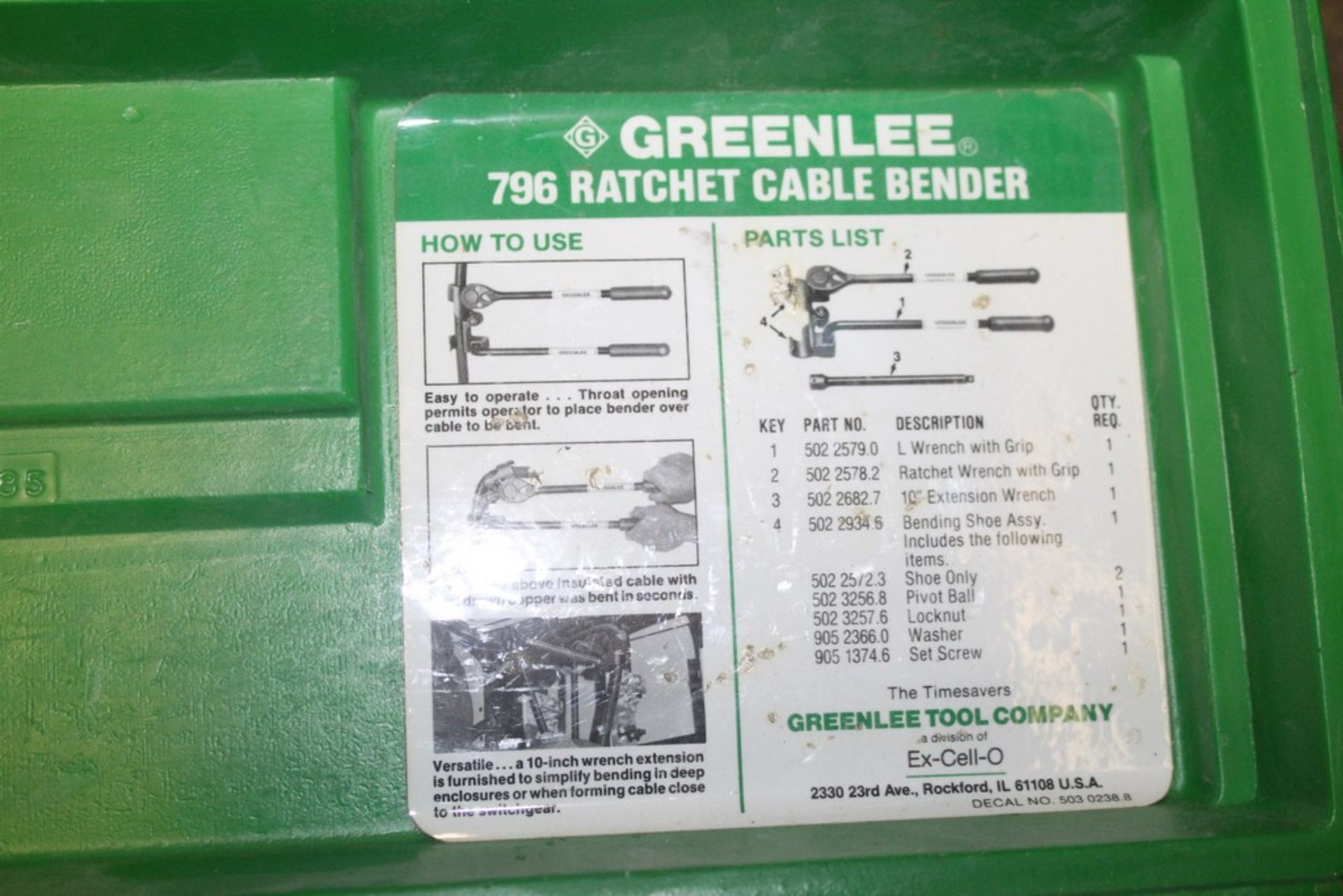 GREENLEE 796 RATCHET CABLE BENDER WITH CASE - Image 2 of 2