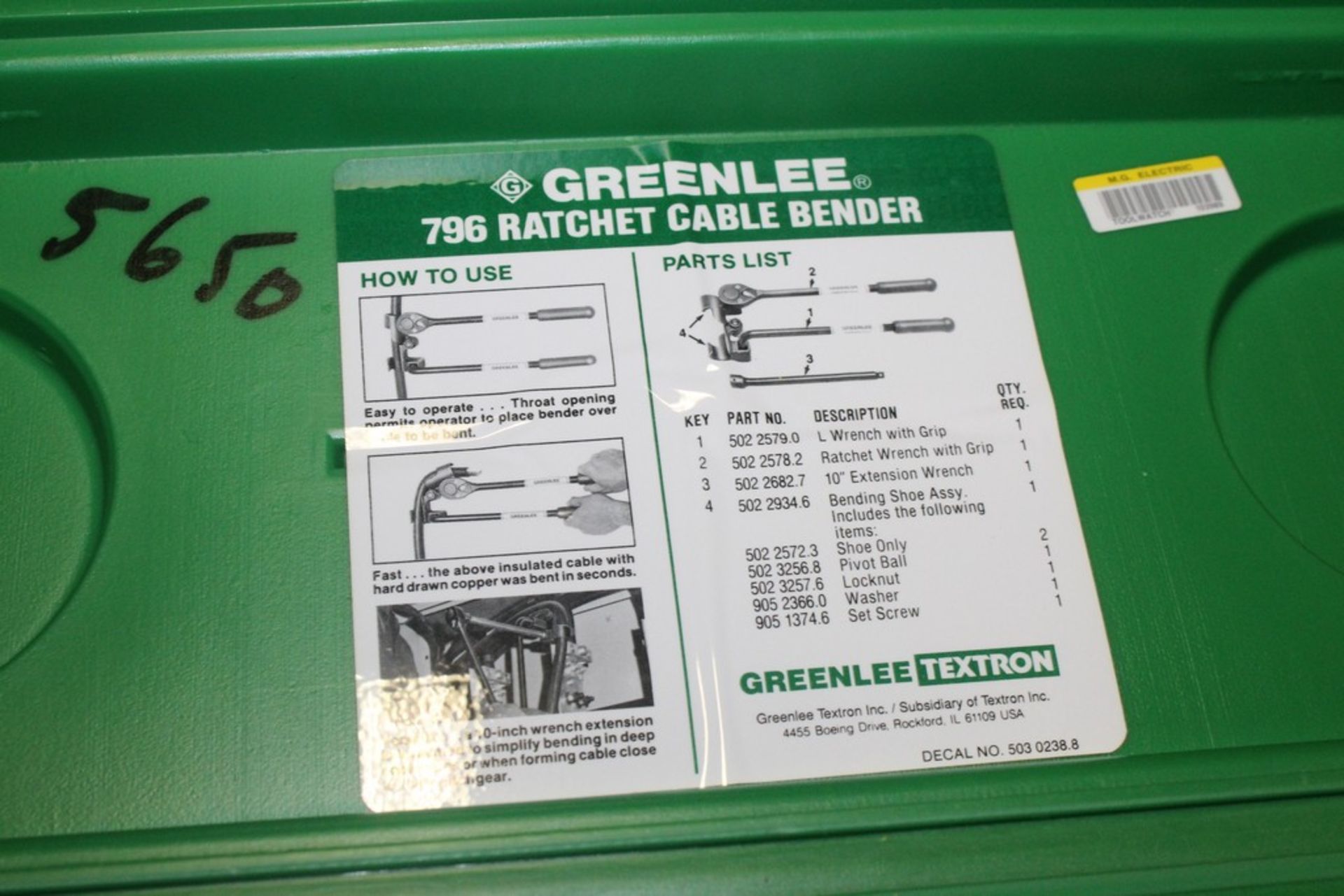 GREENLEE 796 RATCHET CABLE BENDER WITH CASE - Image 2 of 2