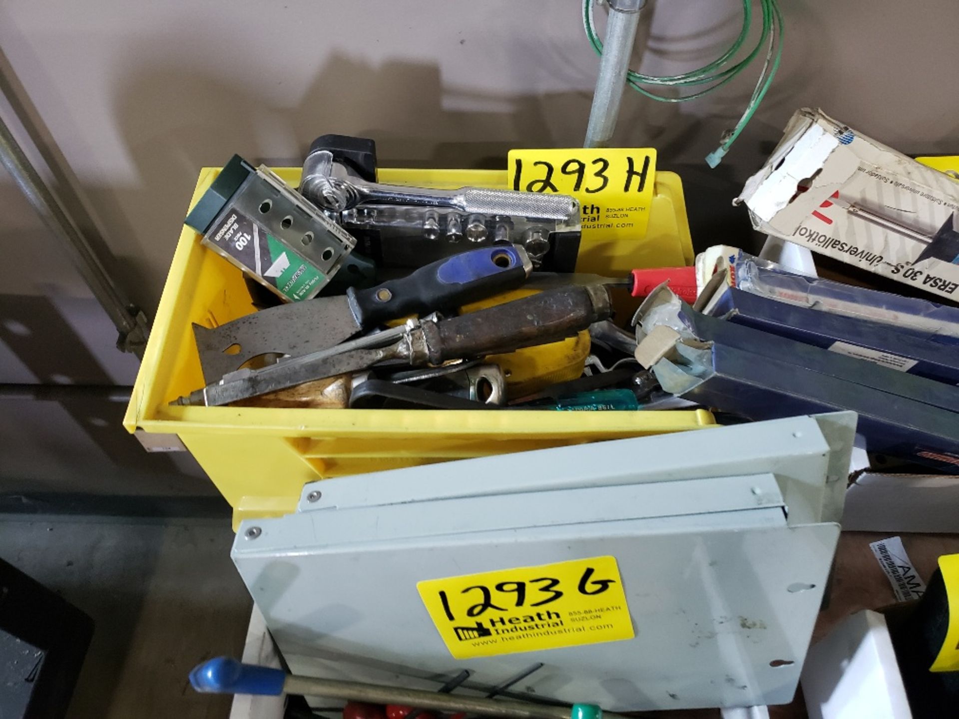 ASSORTED TOOLS, WIRE BRUSHES, UTILITY KNIVES, SOCKETS, ETC