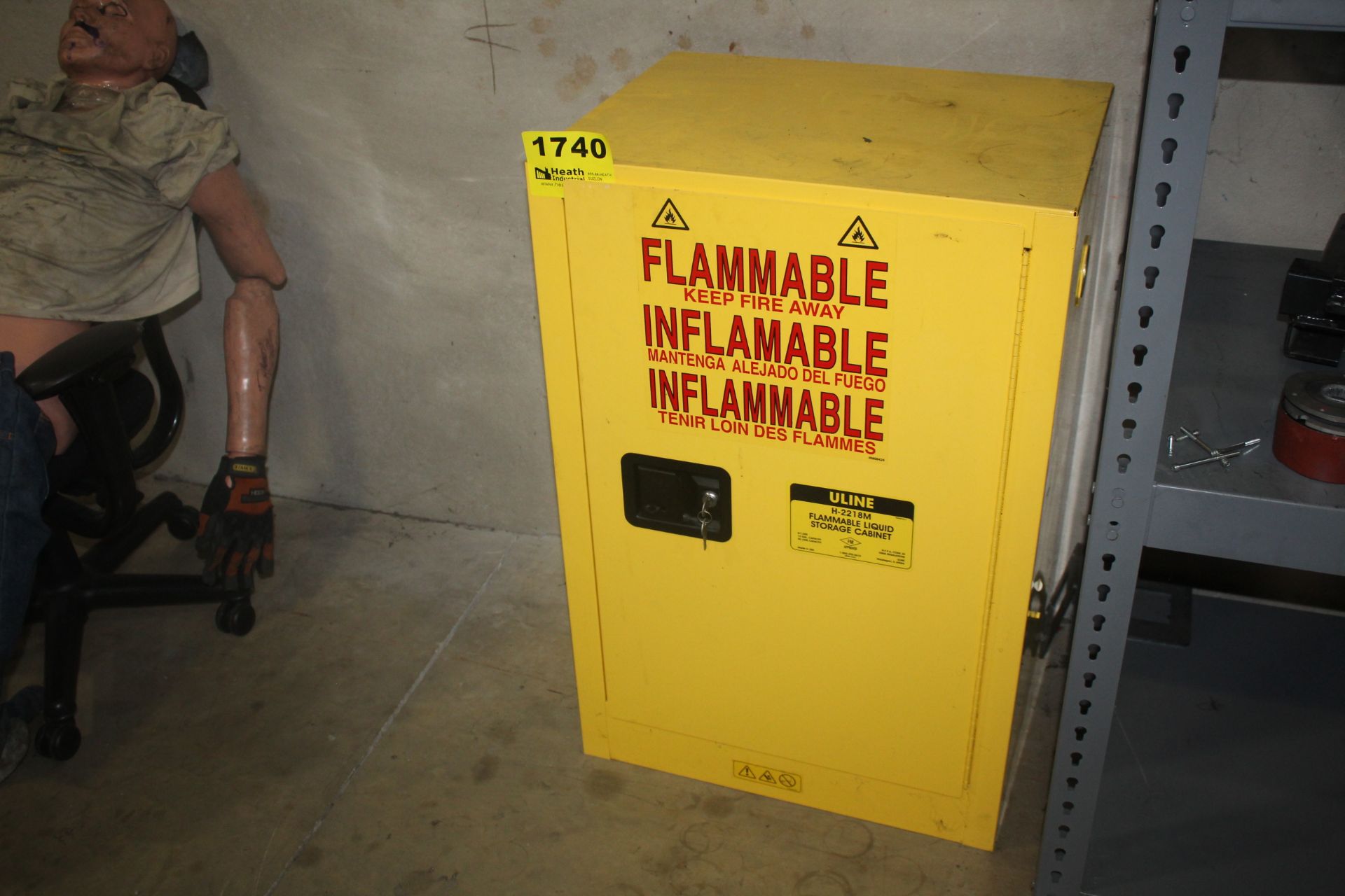 ULINE FLAMMABLE LIQUID STORAGE CABINET, 23" X 18" X 35" WITH CONTENTS (AEROSOLS, CLEANERS, ETC.)