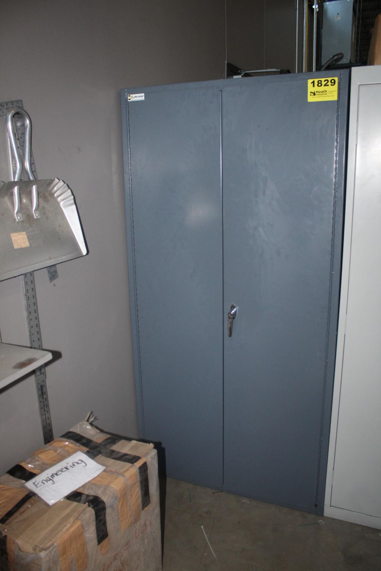 DURHAM TWO DOOR STEEL STORAGE CABINET, 36" X 18" X 72" WITH BINS & ASSORTED PARTS / SUPPLIES