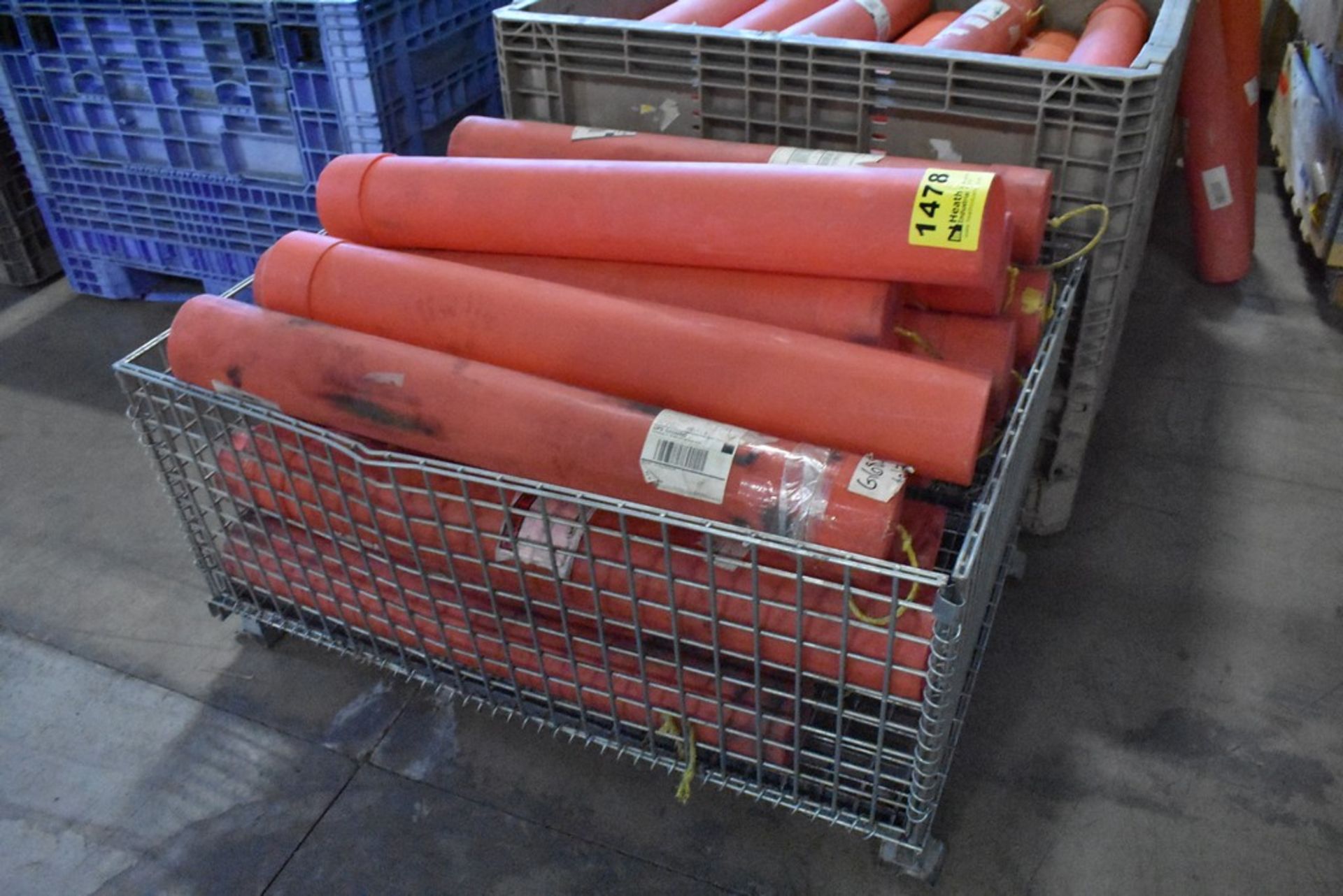 LARGE QTY OF PLASTIC STORAGE TUBES WITH WIRE CRATE, 48" X 46" X 34"