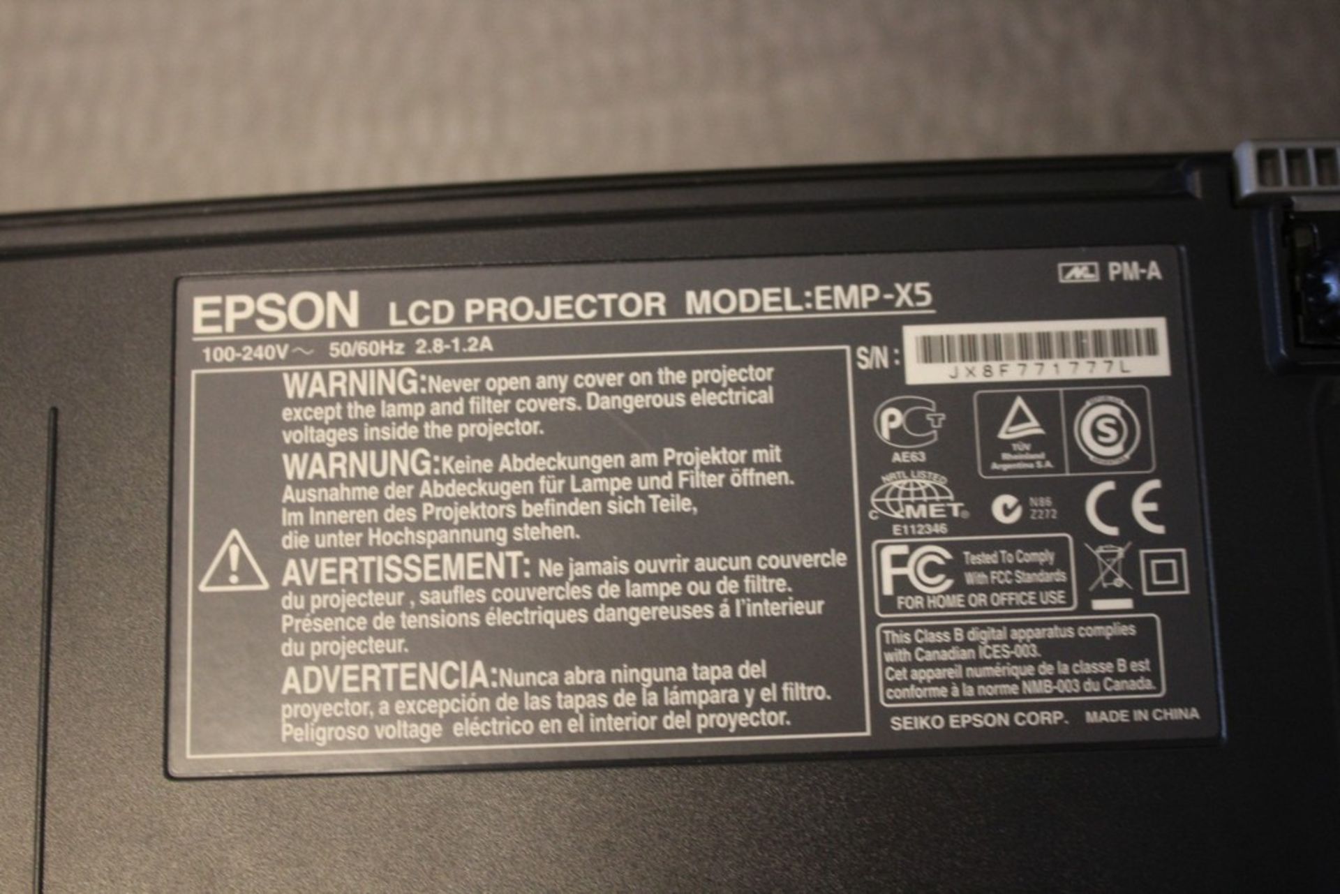 EPSON LCD PROJECTOR, MODEL EMP-X5, POWER LITE 77C - Image 2 of 2