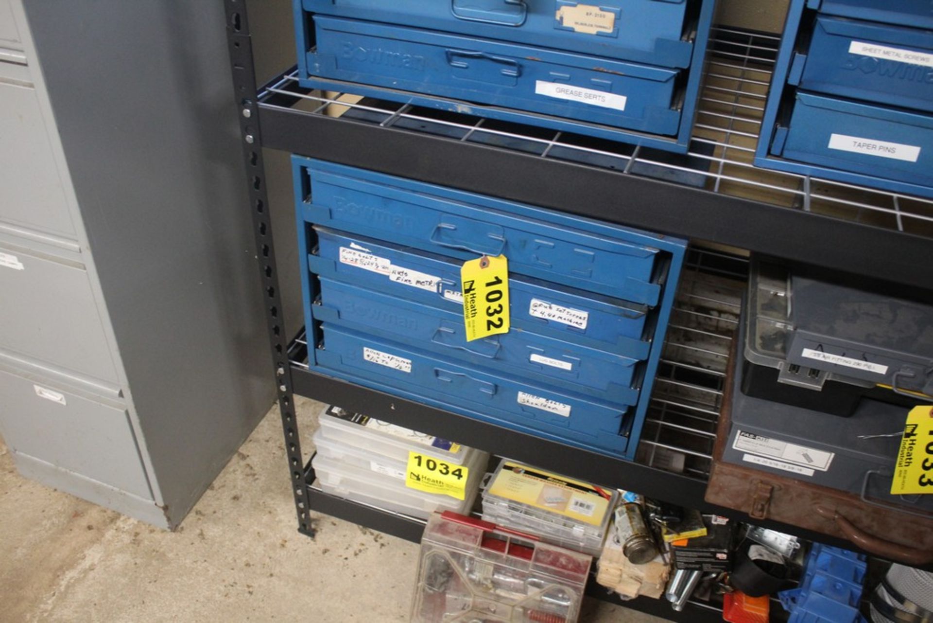 BOWMAN FOUR DRAWER PARTS CABINET, ALLEN CAP SCRES, BOLTS. LUG BOLTS, SE TSCREWS, NUTS & LOCKING