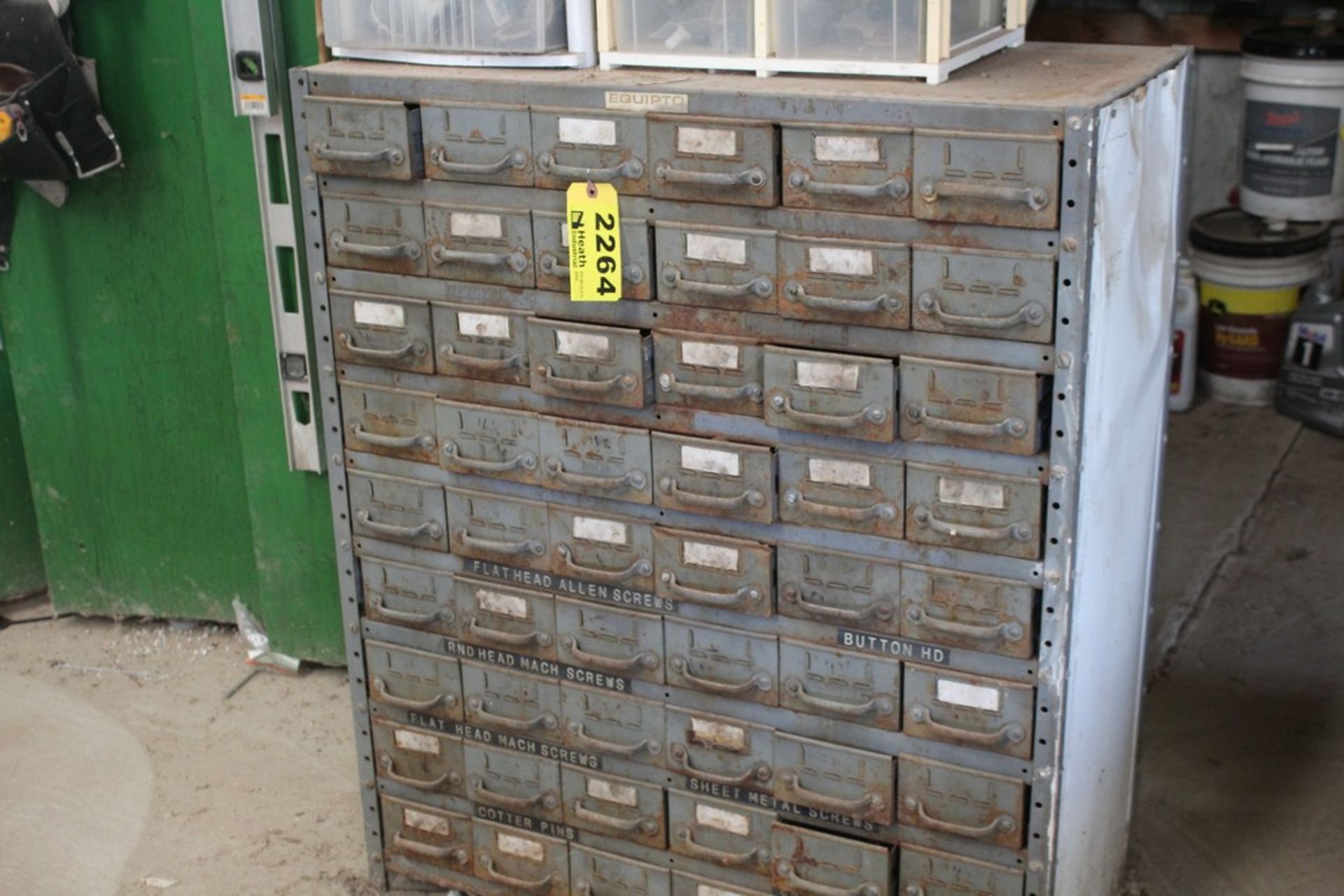 FIFTY FOUR DRAWER PARTS CABINET WITH LARGE QTY OF CARRAIGE BOLTS, 36" X 18" X 43"