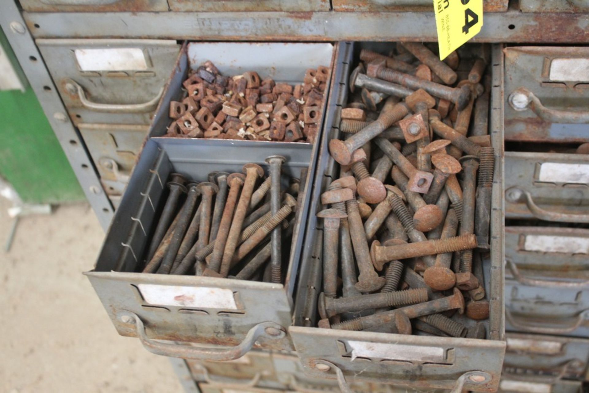 FIFTY FOUR DRAWER PARTS CABINET WITH LARGE QTY OF CARRAIGE BOLTS, 36" X 18" X 43" - Image 3 of 5