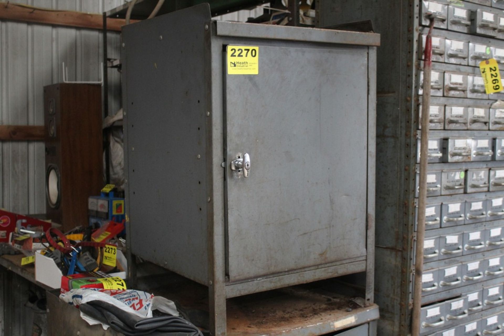 STEEL CABINET, 24" X 24" X 36" WITH LARGE QTY OF TIRE REPAIR PARTS & FILTERS