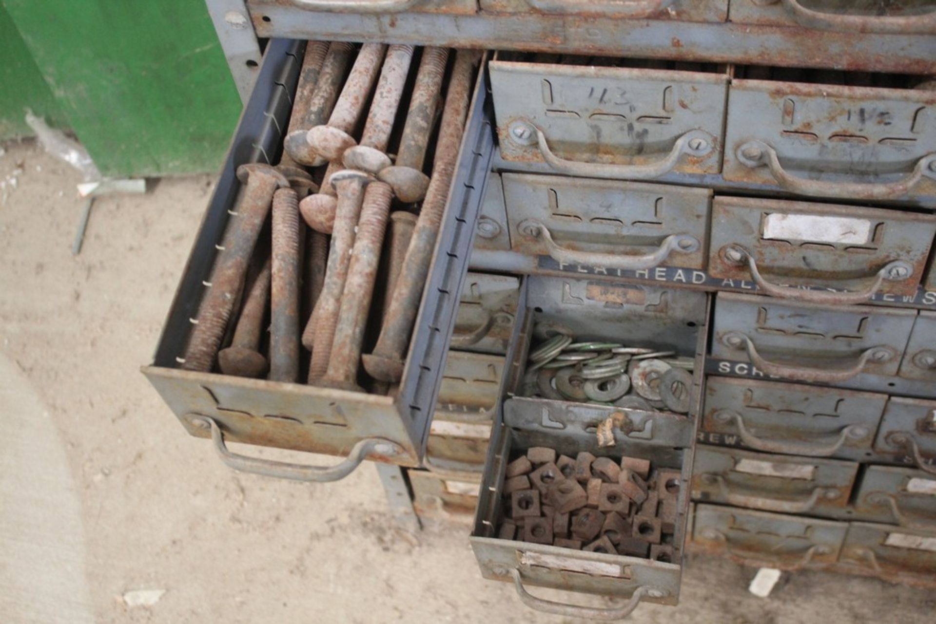 FIFTY FOUR DRAWER PARTS CABINET WITH LARGE QTY OF CARRAIGE BOLTS, 36" X 18" X 43" - Image 5 of 5