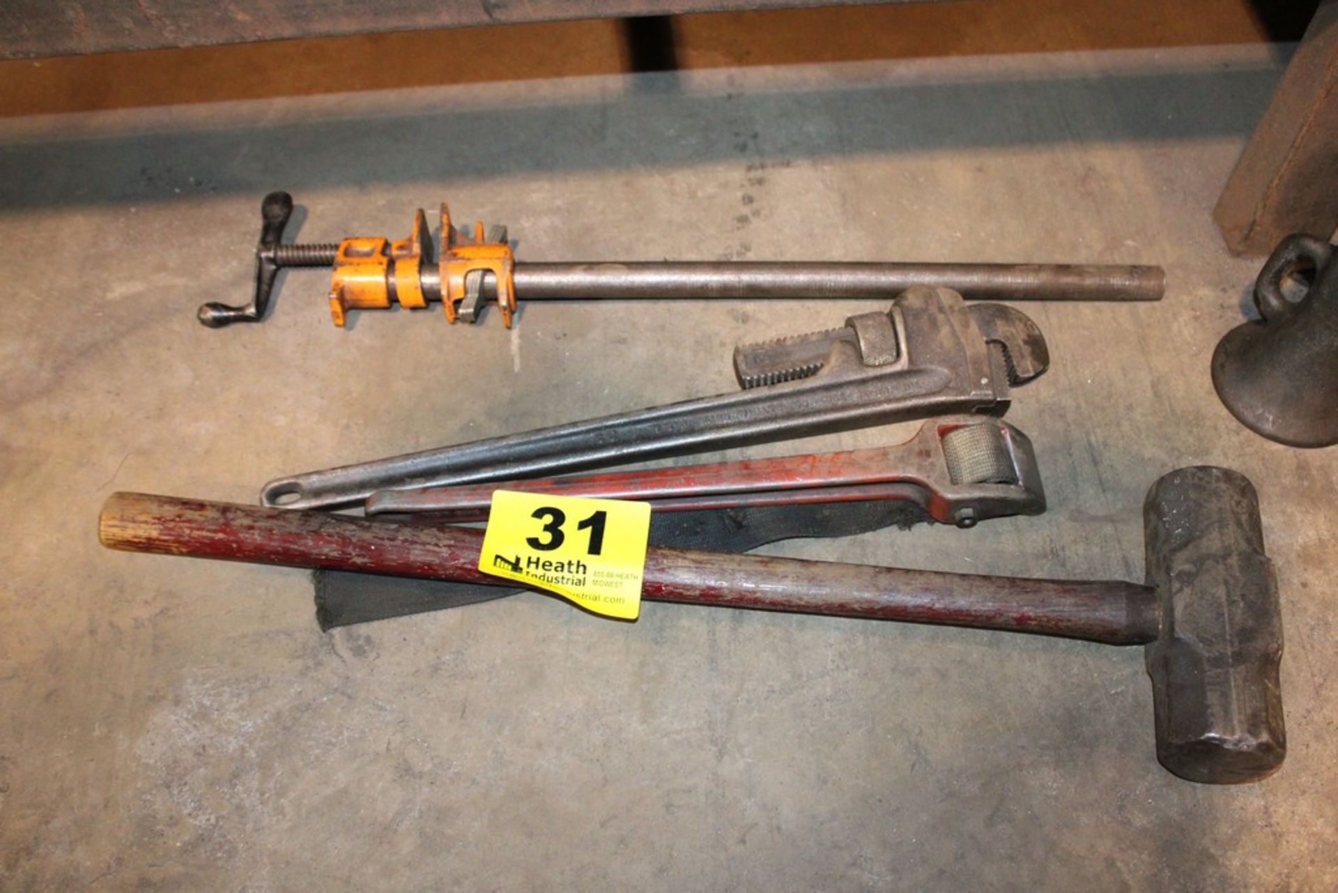 ASSORTED TOOLS: SLEDGE HAMMER, PIPE WRENCH, BAR CLAMP, ETC