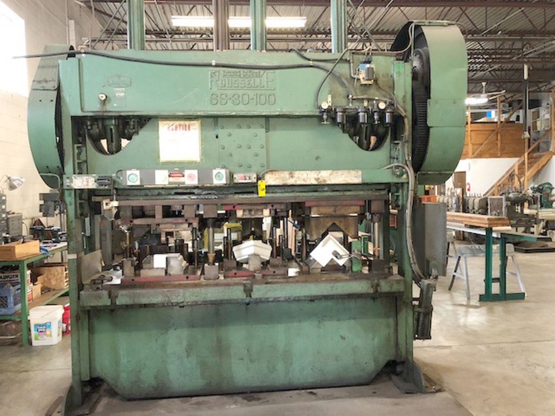 ROUSSELLE 100 TON MODEL SS-30-100 STRAIGHT SIDE DOUBLE CRANK PRESS, S/N 14525, 8" STROKE, 23" SHUT