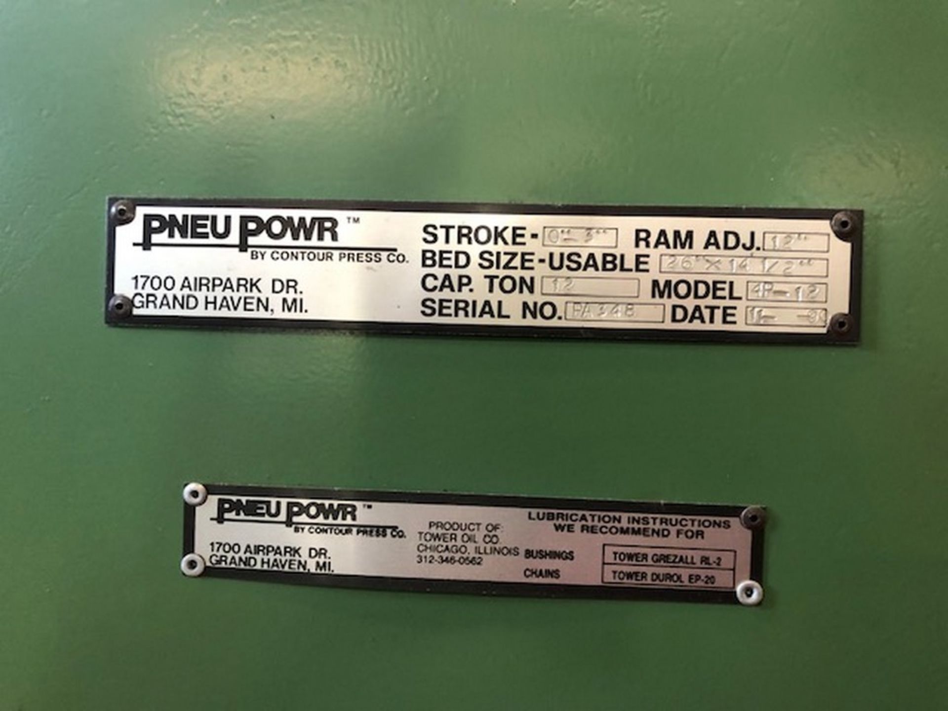 PNUE POWER 12 TON MODEL 4P-12 PNEUMATIC CUT-OFF, S/N PA348, 0-3" STROKE, 12" RAM ADJUSTMENT ( - Image 7 of 7