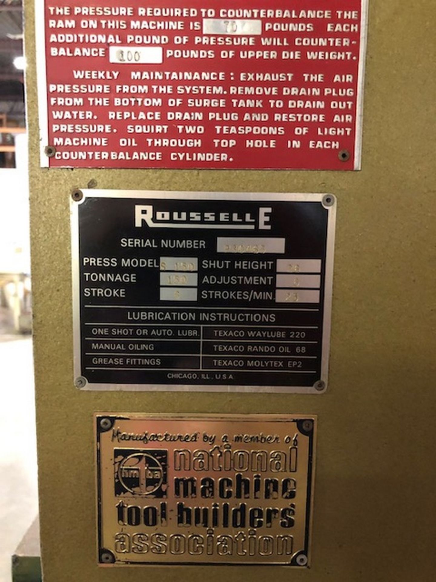 ROUSSELLE 150 TON MODEL S150PC STRAIGHT SIDE DOUBLE CRANK PRESS, S/N P-30465, 8" STROKE, 26" SHUT - Image 7 of 9