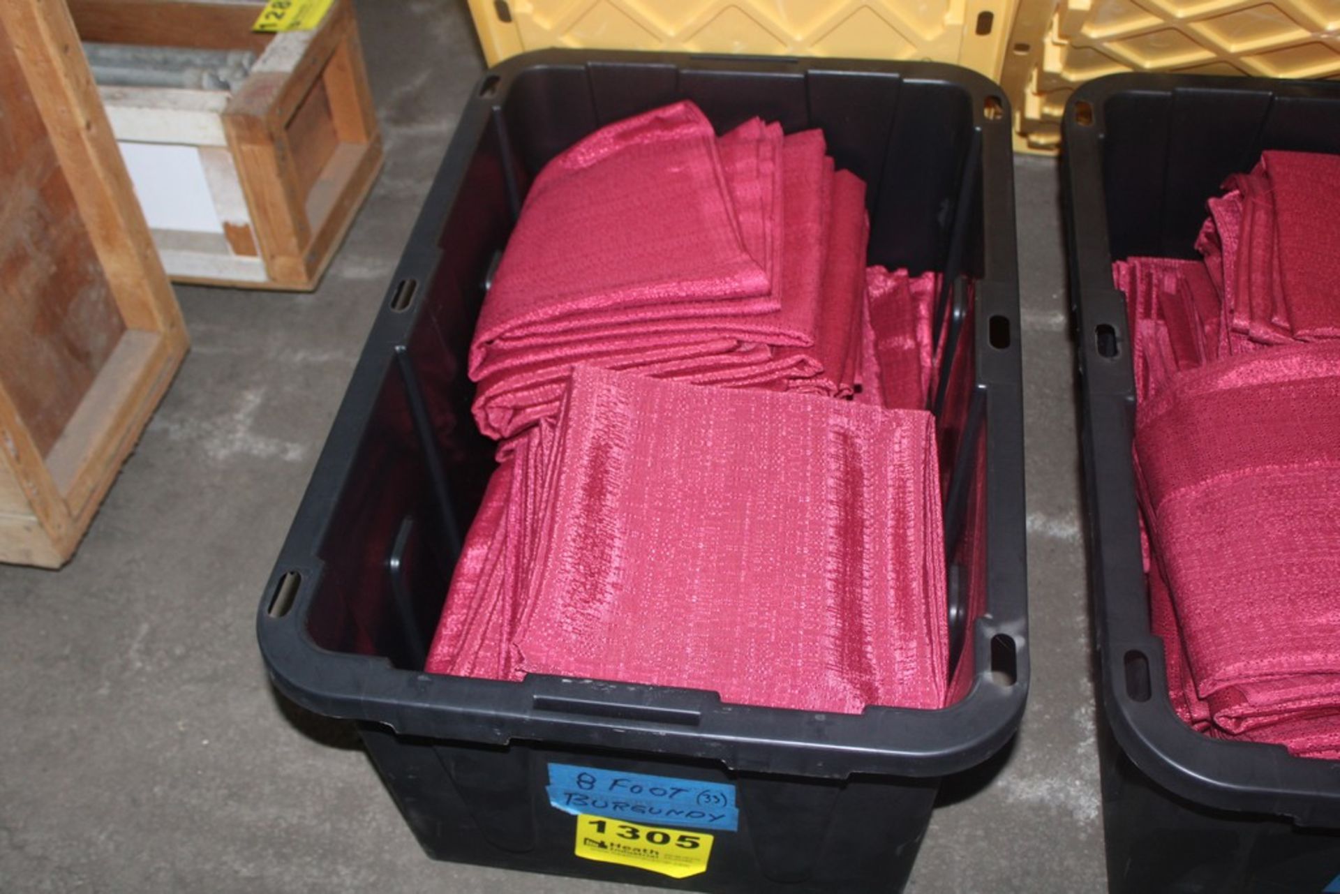 APPROX. (33) 8FT BURGUNDY DRAPES IN TOTE ( QUANTITIES NOT GUARANTEED)