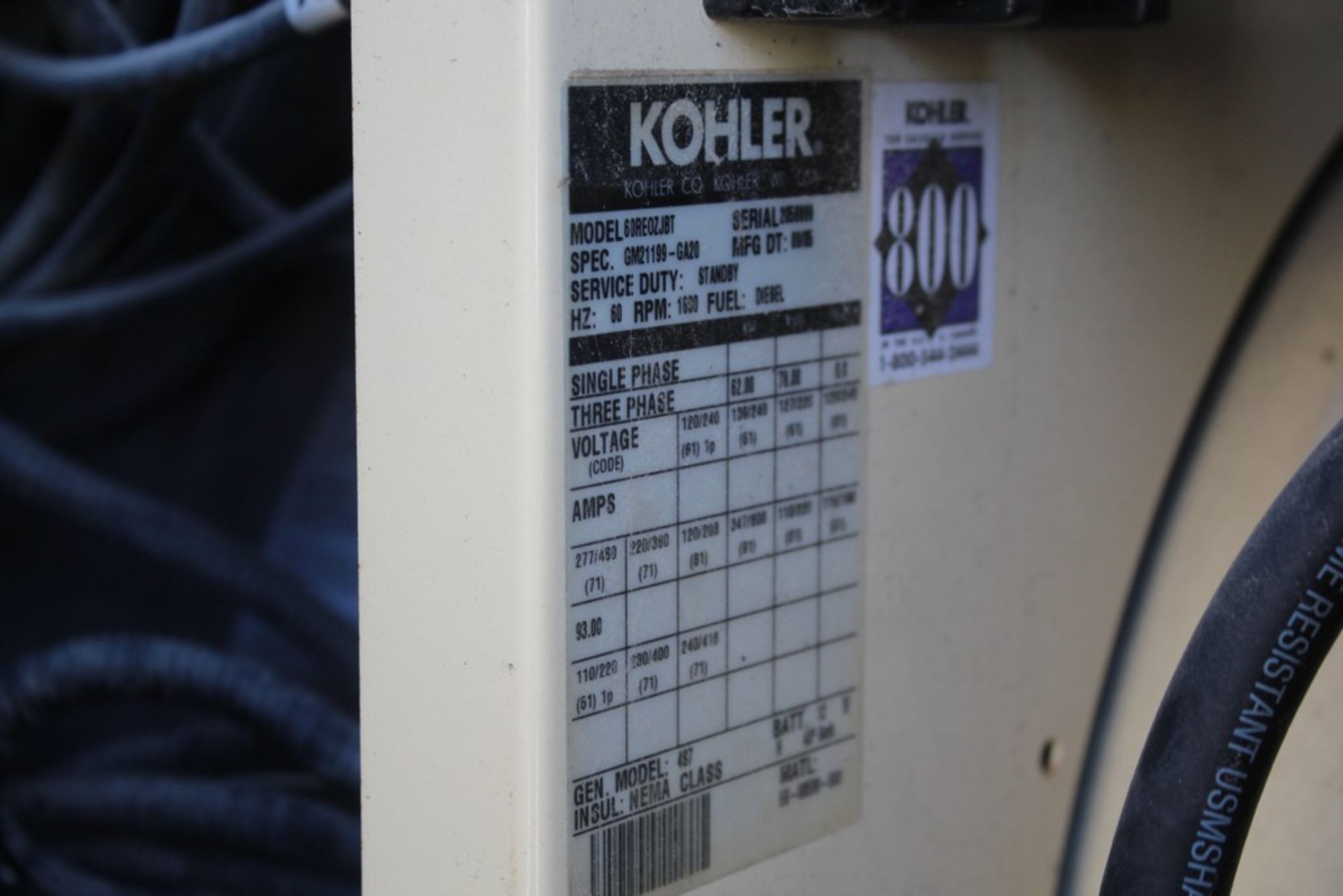 KOHLER 56 KW/60 KVA, MODEL 60RE0ZJBT TOWABLE GENERATOR, S/N 2058899, 6267 HOURS ON METER, ON - Image 4 of 7
