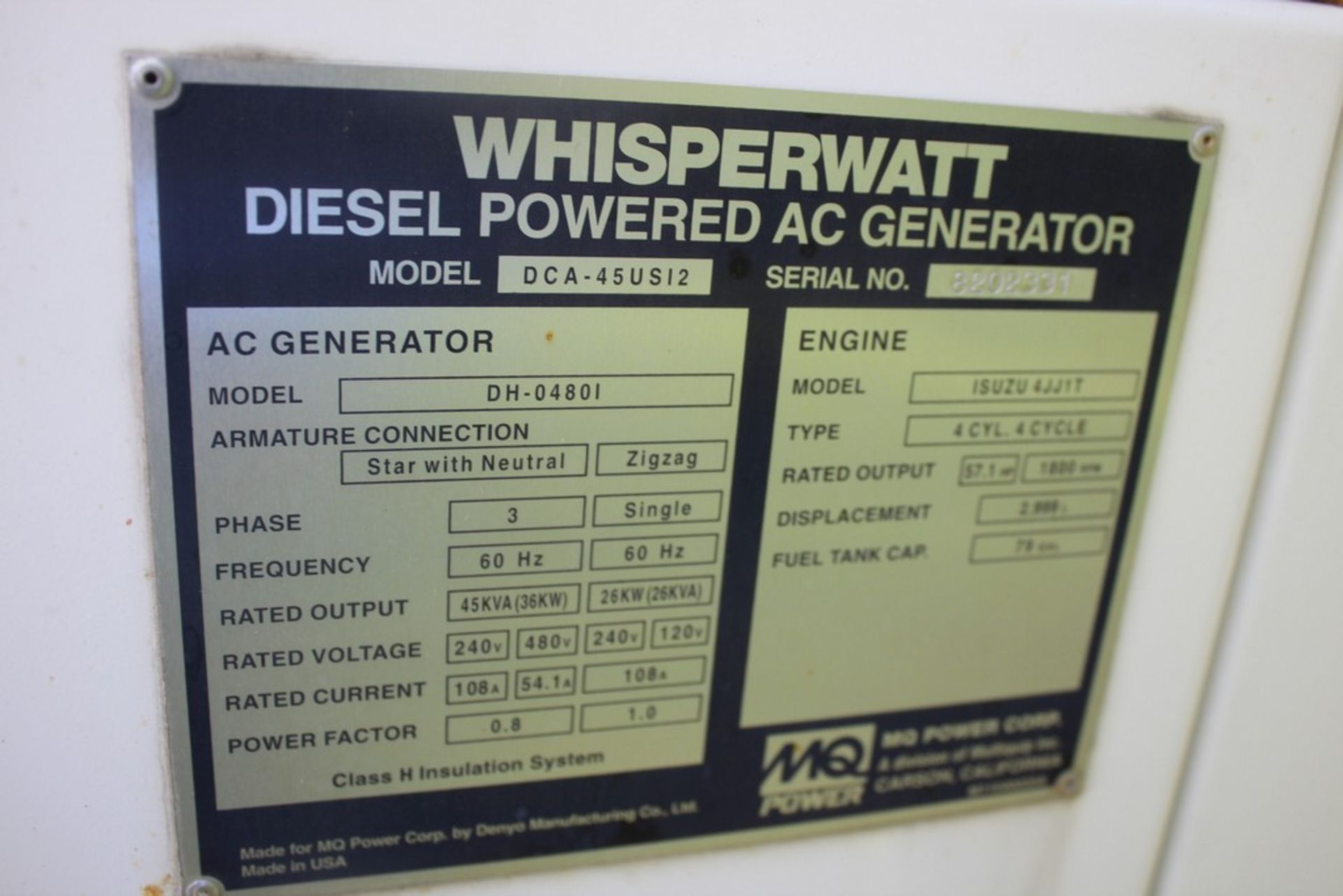 Whisperwatt 36 KW Model DCA-70SS1U2 Towable Generator, s/n 8202331, Isuzu 4 Cylinder Diesel - Image 4 of 8