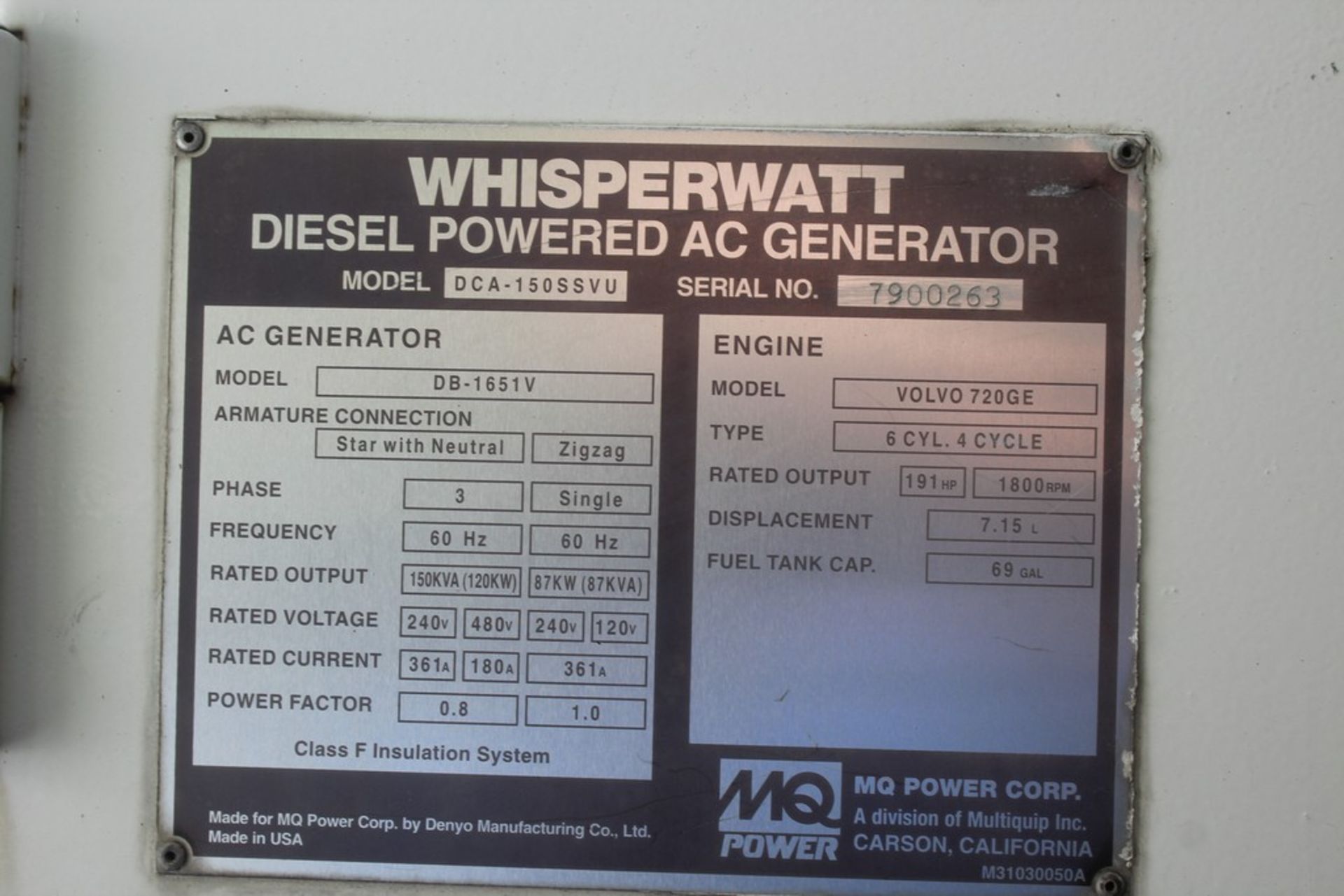 MQ Whisperwatt 163 KW Model DB-1651V Towable Generator, s/n 7900263, Volvo 6 Cylinder 191 HP Model - Image 7 of 8