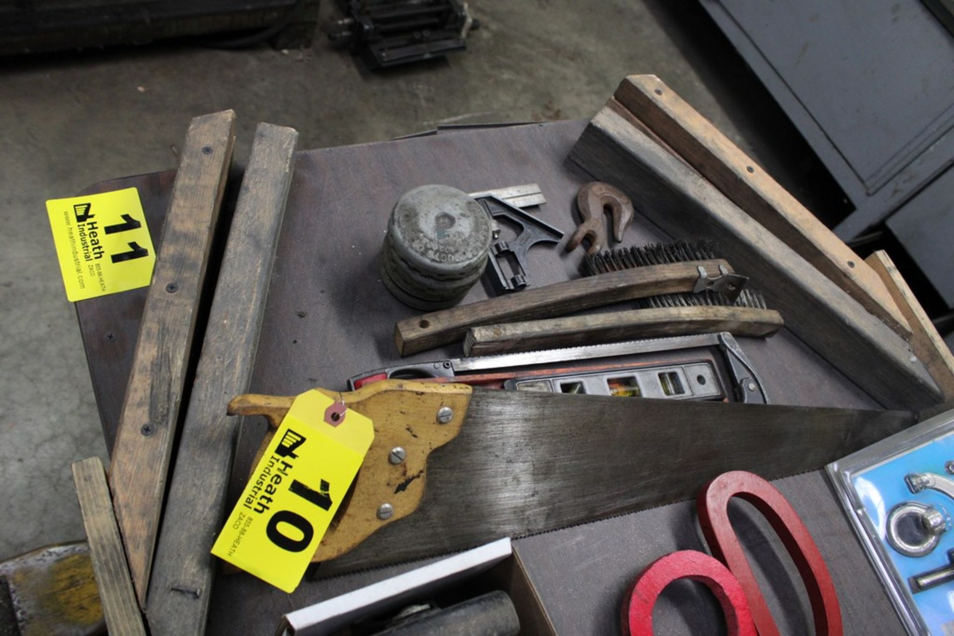 ASSORTED TOOLS: SAWS, WIRE BRUSH, LEVELS, ETC.