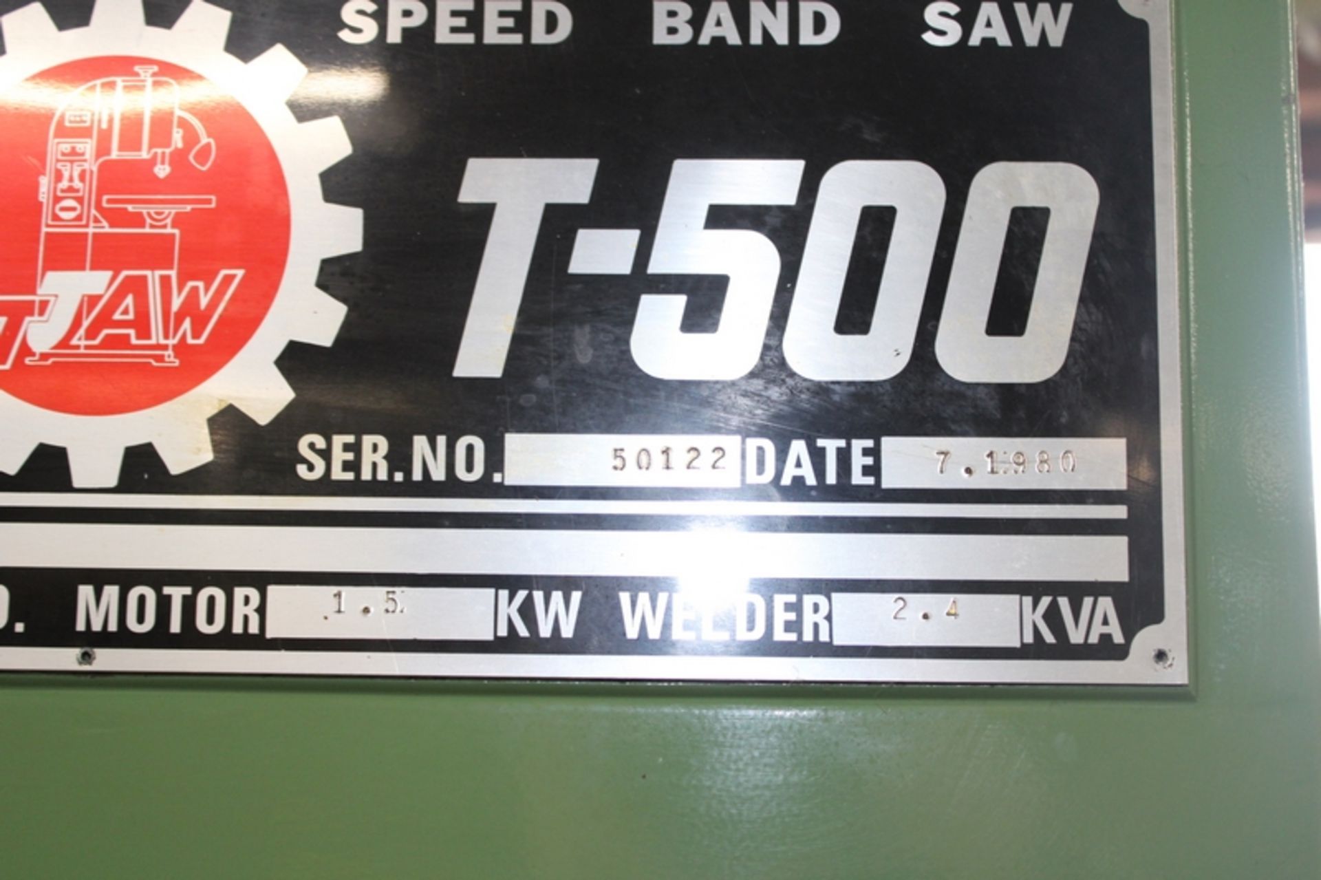 T-JAW 20” MODEL T-500 VERTICAL BAND SAW, S/N 50122, WITH BLADE WELDER - Image 3 of 8