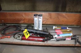 CAULK GUN, (2) GREASE GUNS, OIL WRENCHES & EXTENSION CORDS