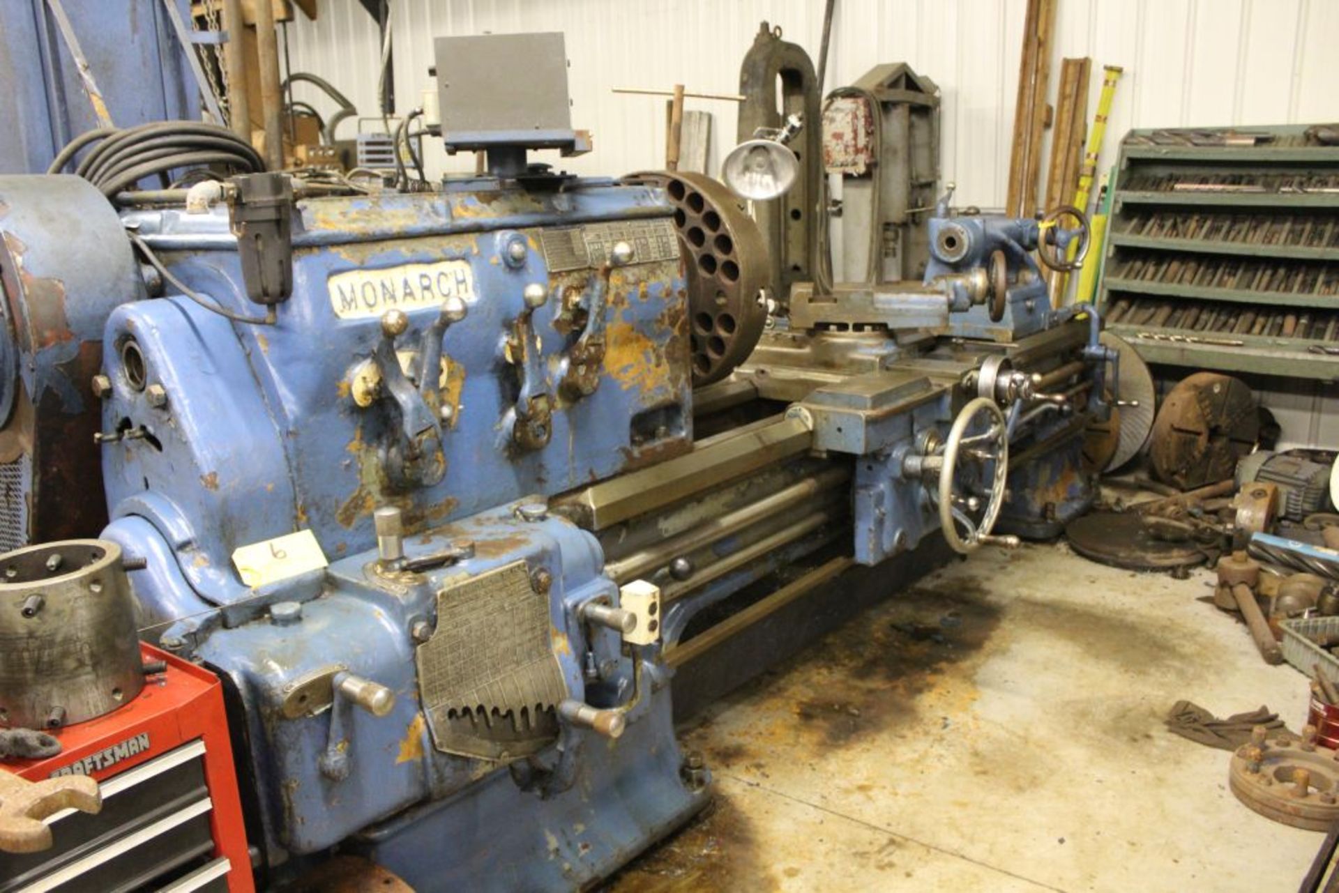 1952 Monarch lathe, sn 35209, 20", 2 1/4" hole, 96" bed, 27.5 swing, 72" center to center, tooling