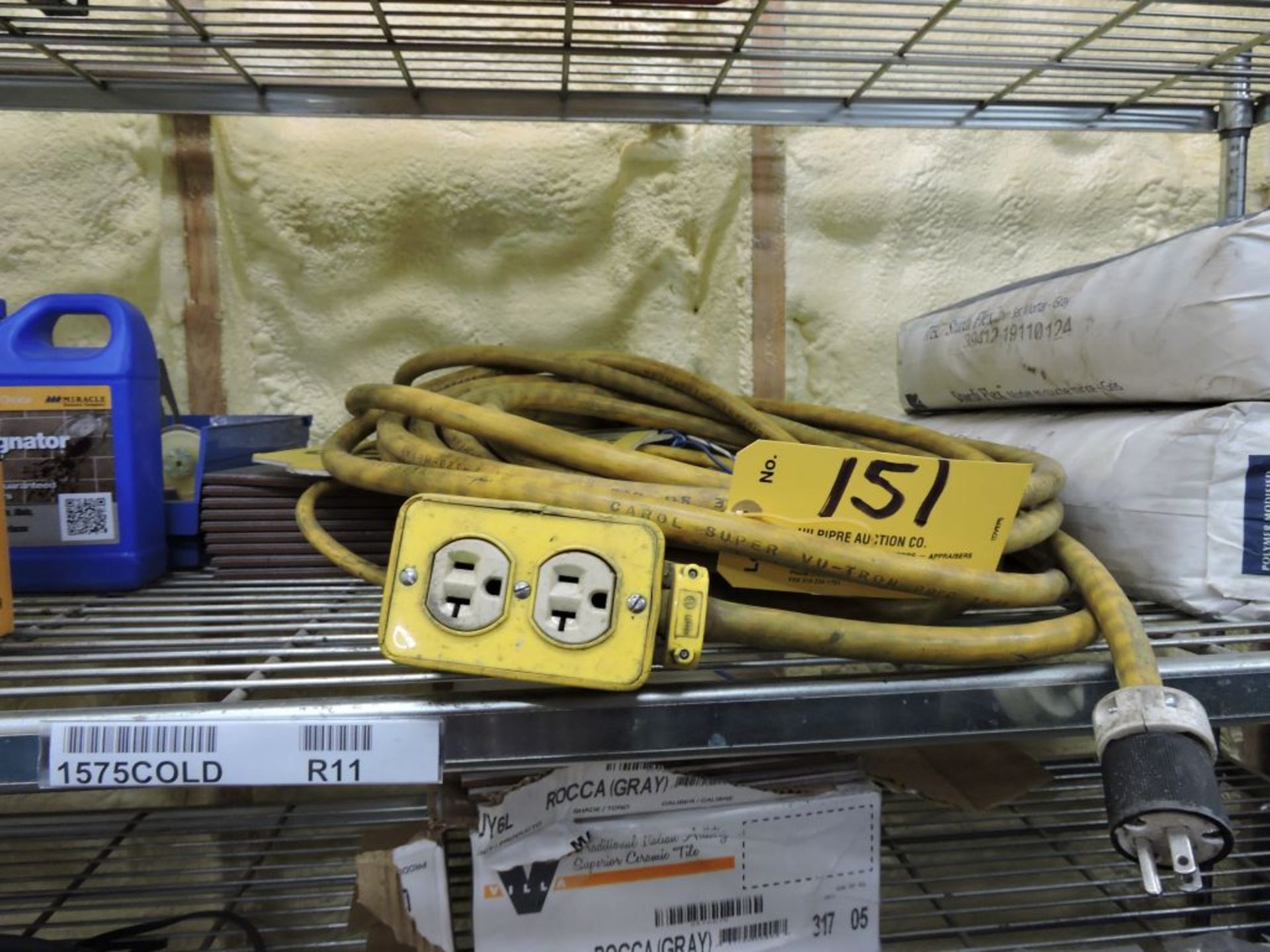 Assorted drop cords, h.d. wiring & Hubbell hookups, trouble light, other assorted items on shelves. - Image 2 of 4