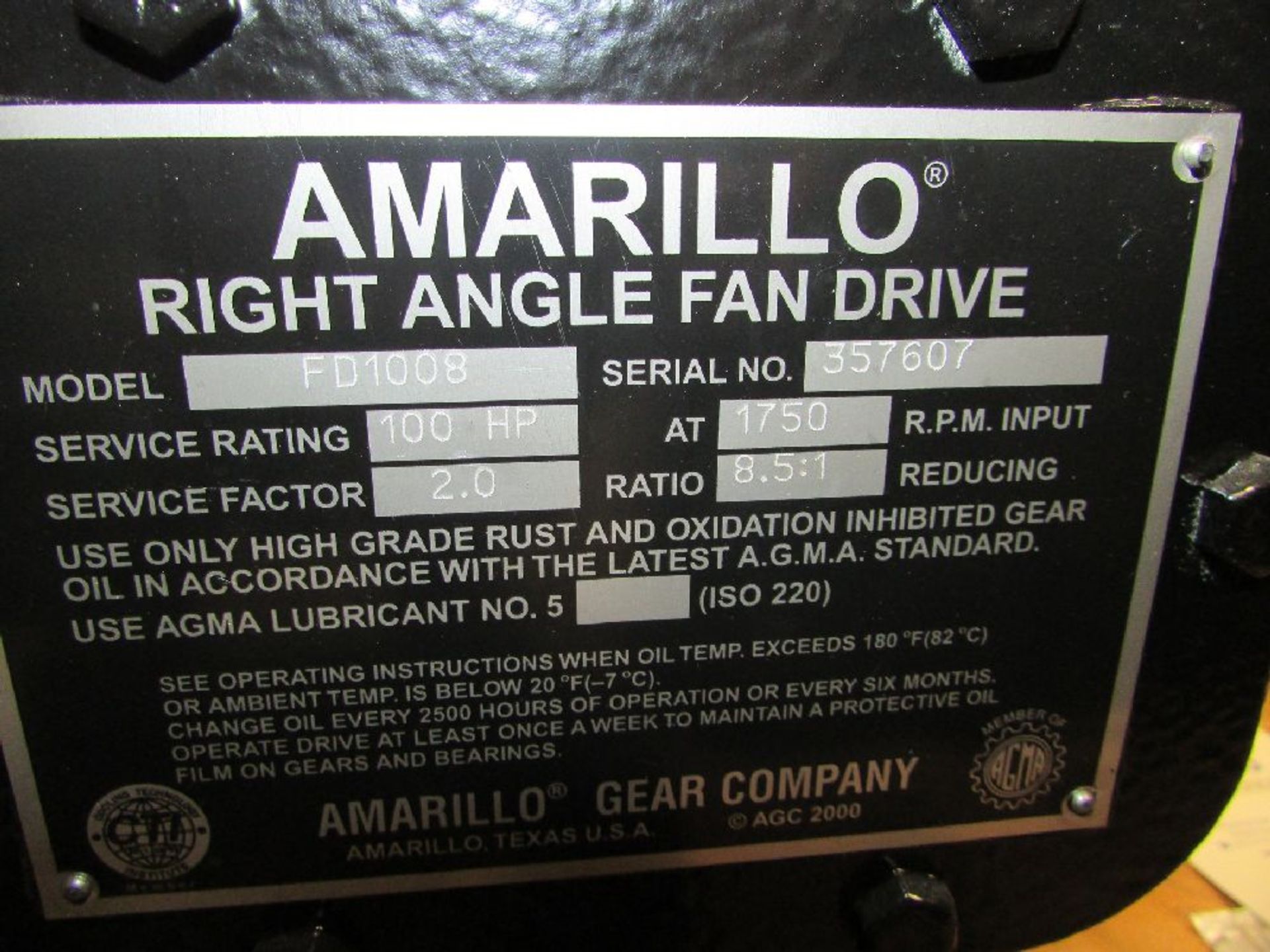 Amarillo Gear Co. Model FD1008 8.5 Ratio Right Angle Fan Drive Gear Box - Image 4 of 4