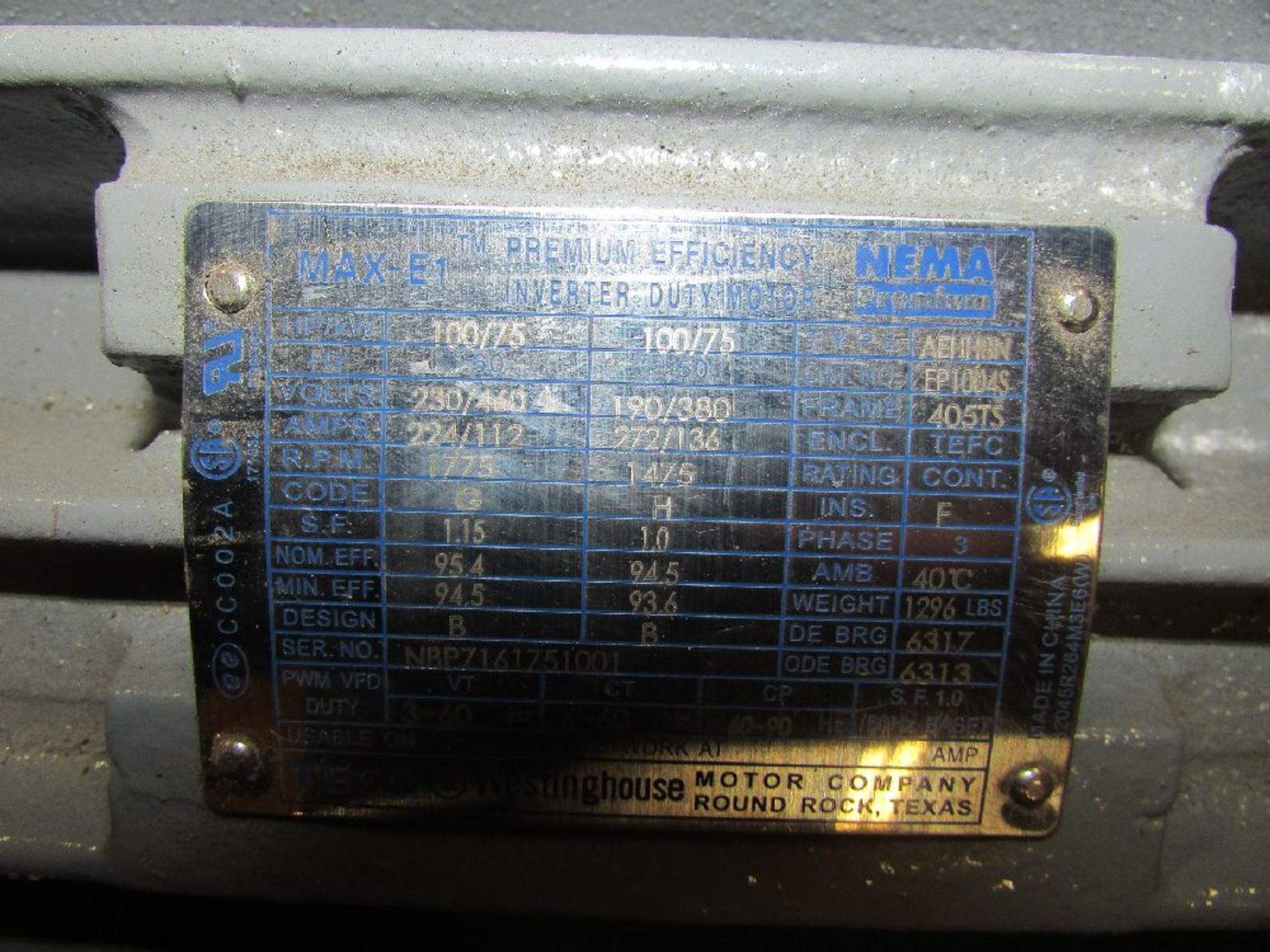 Teco Westinghouse Model EP1004S 100 HP Electric Induction Motor - Image 3 of 4