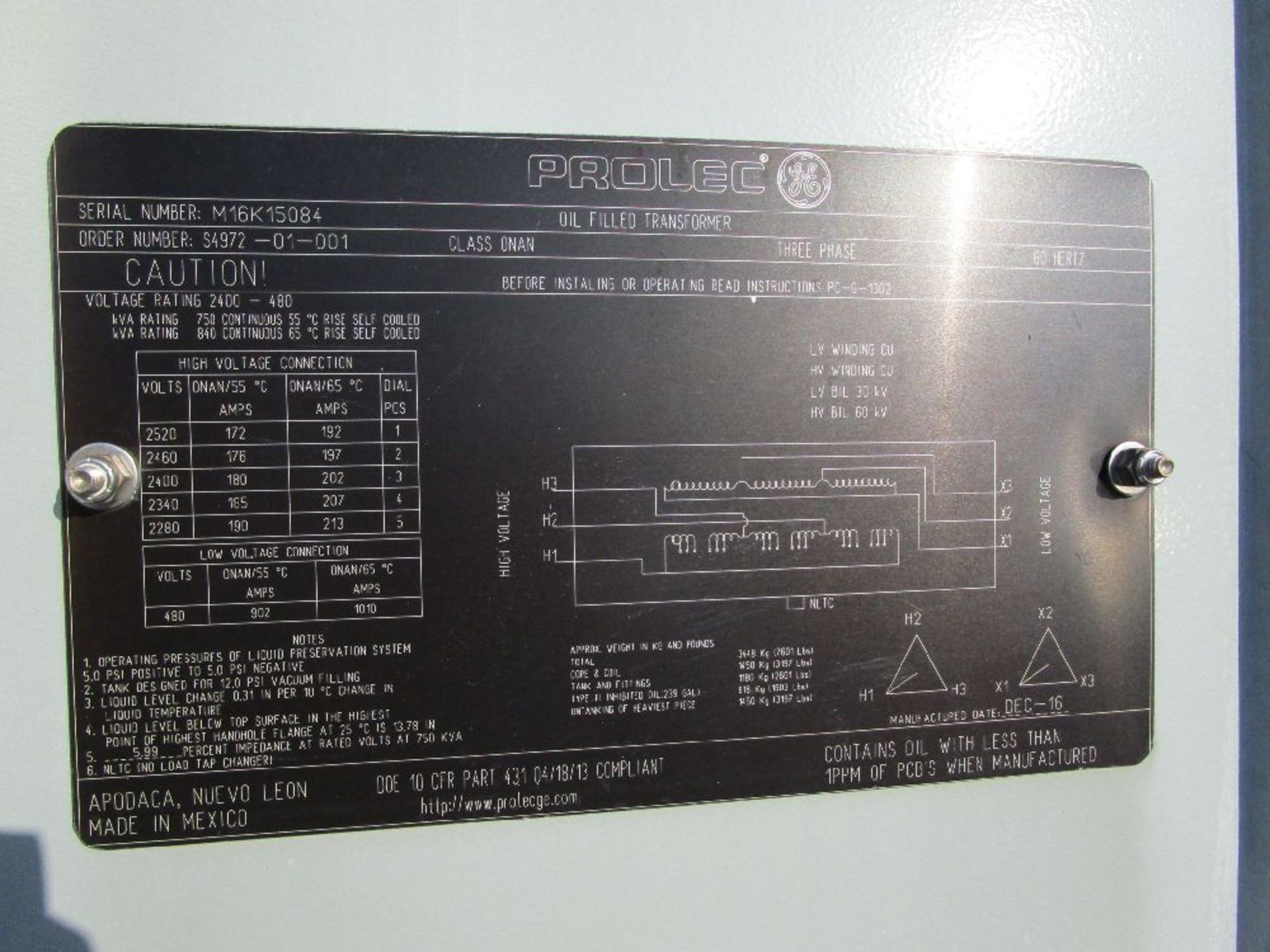 Prolec/GE Model S4972-01-001 750 KVA Transformer - Image 2 of 4