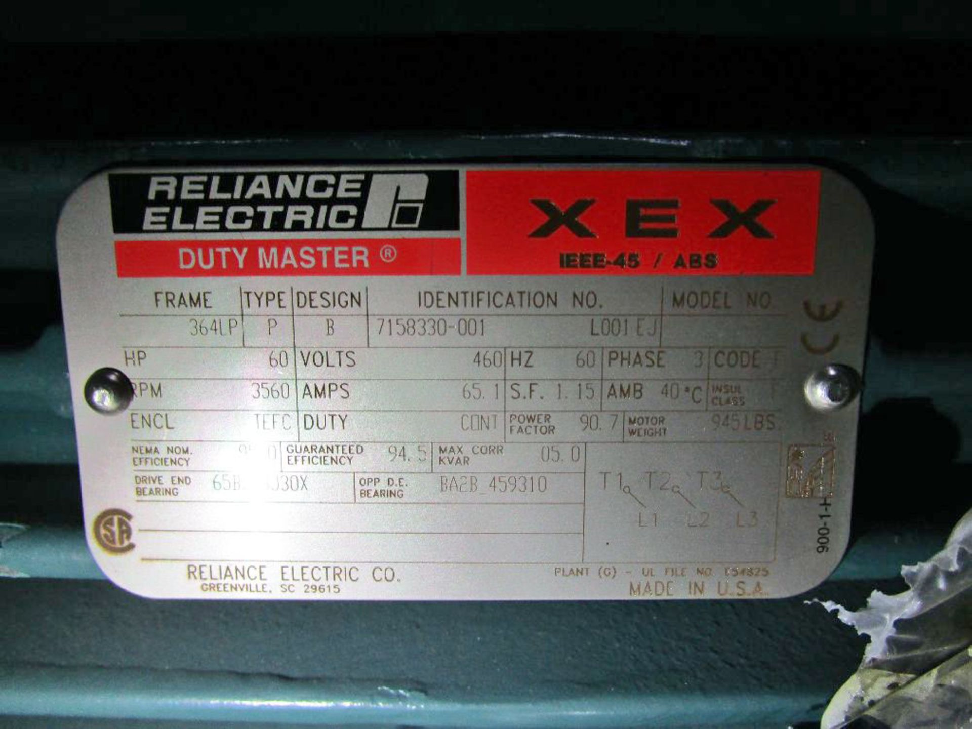 Reliance Electric Model L001EJ 60 HP Electric Induction Motor - Image 3 of 3