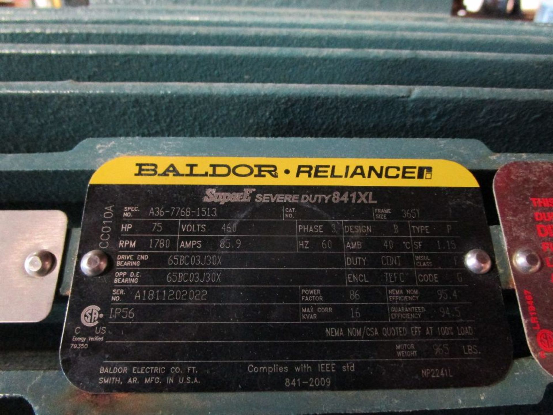 Baldor Reliance Model 841 XL 75 HP Electric Induction Motor - Image 3 of 6