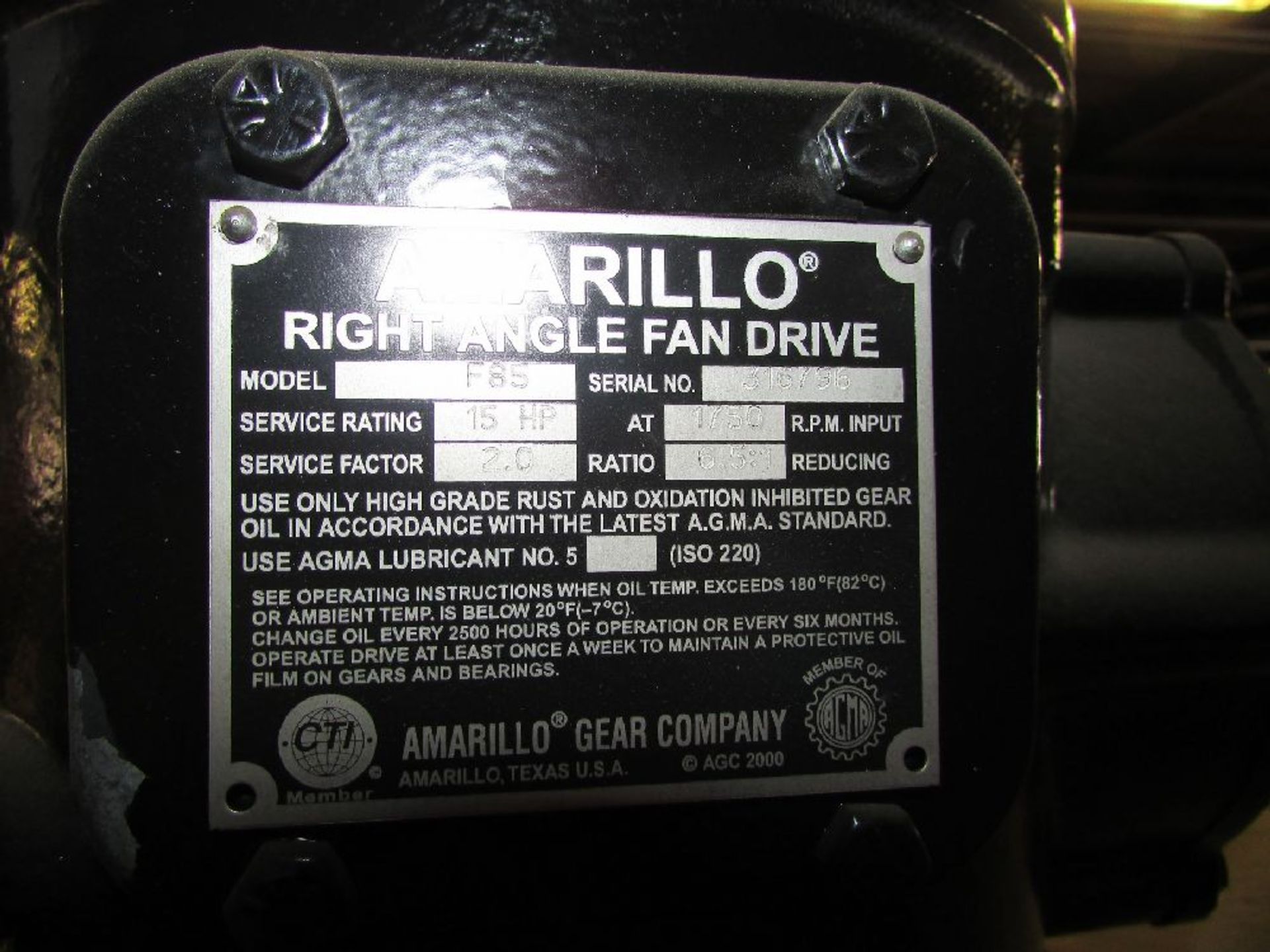 Amarillo Gear Co. Model F85 6.5:1 Right Angle Fan Drive Gear Box - Image 3 of 3