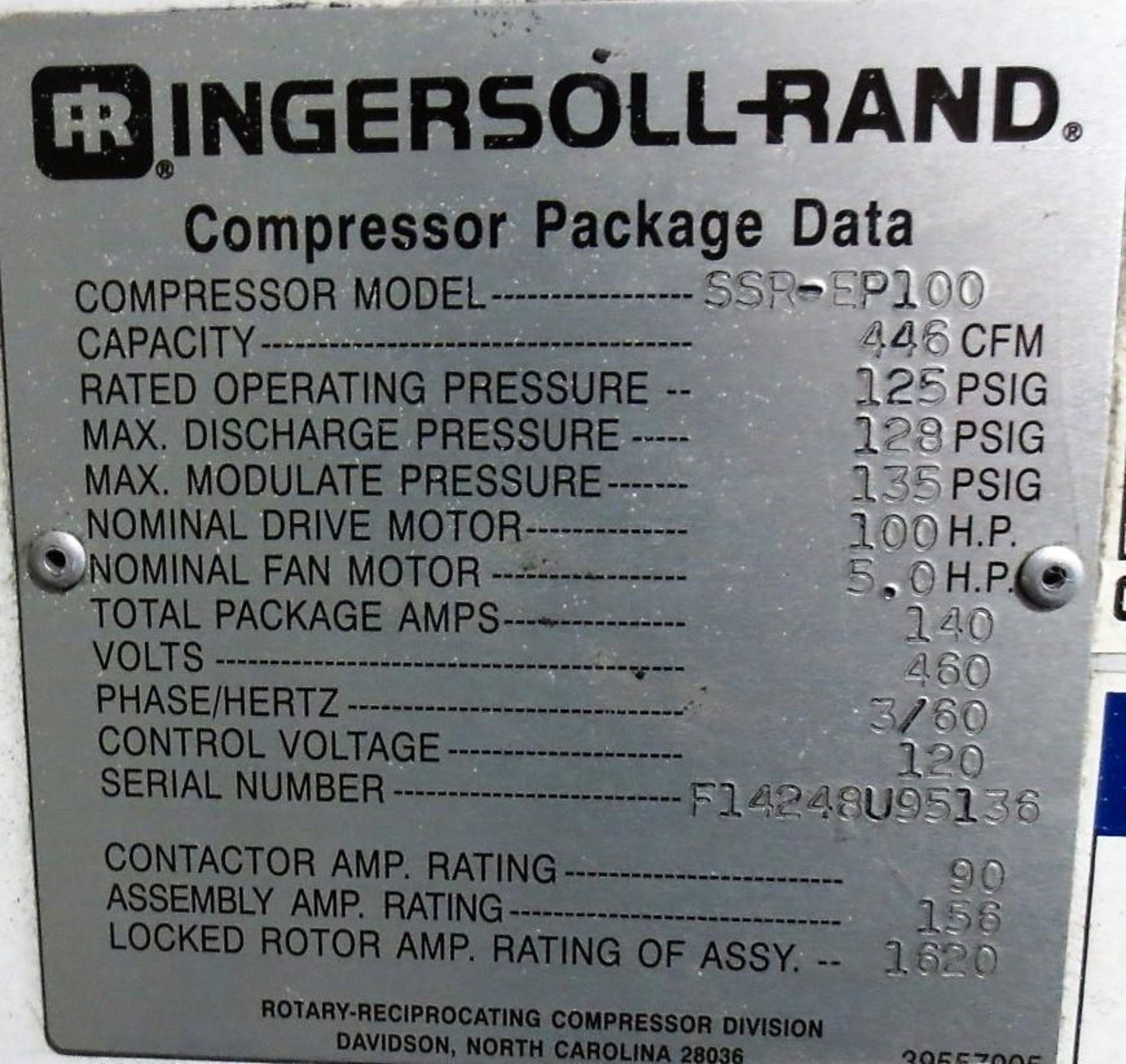 Ingersollrand Model SSR-EP100, 125 PSI Air Compressor, 446 CFM, 100 HP Motor, 460 V, 3 PH S/N F14248 - Image 4 of 4