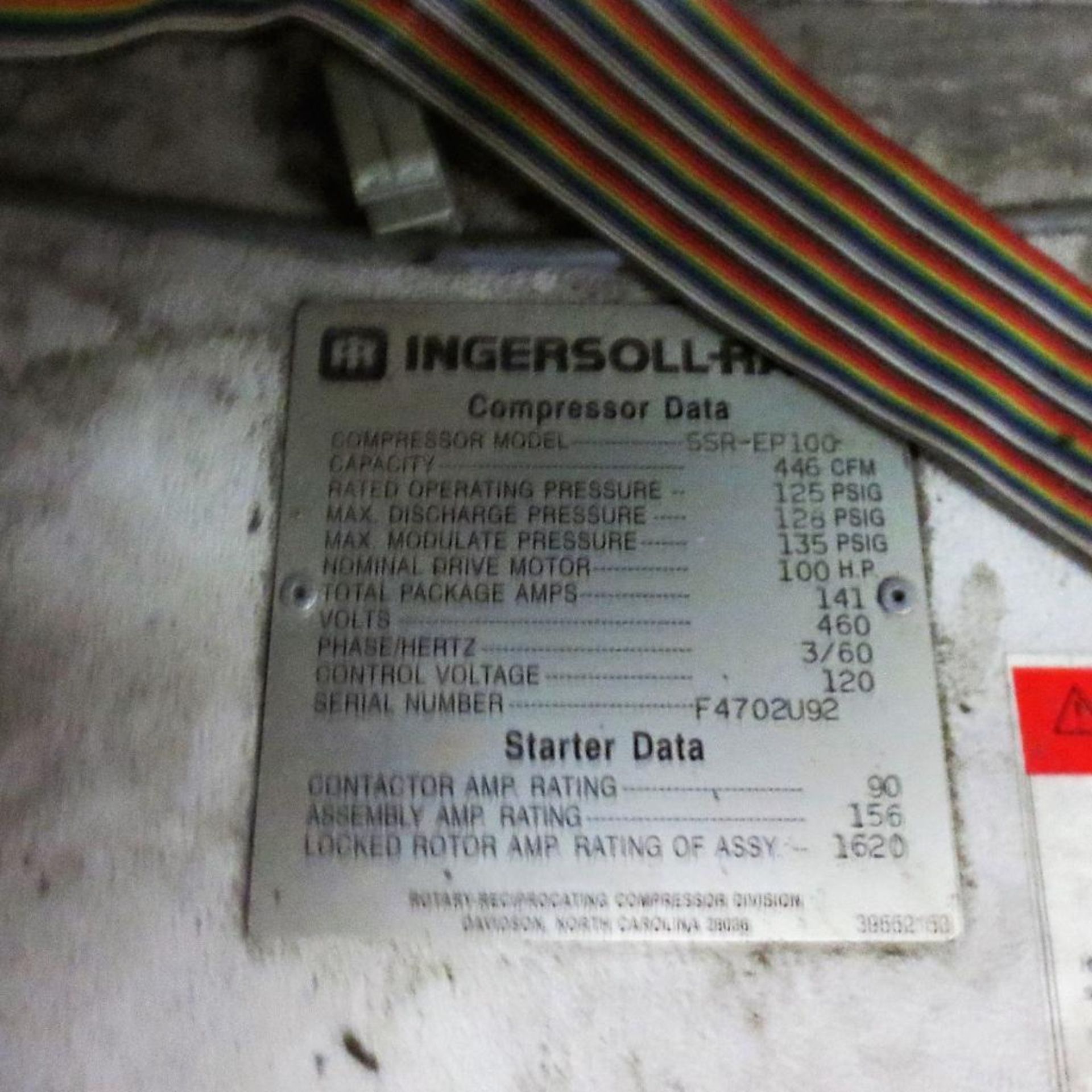 Ingersoll Rand Air Compressor, Model SSR EP 100, 100 HP, 125 PSI, 445 ACFM, S/N F4702U92 ( Not Runni - Image 3 of 5