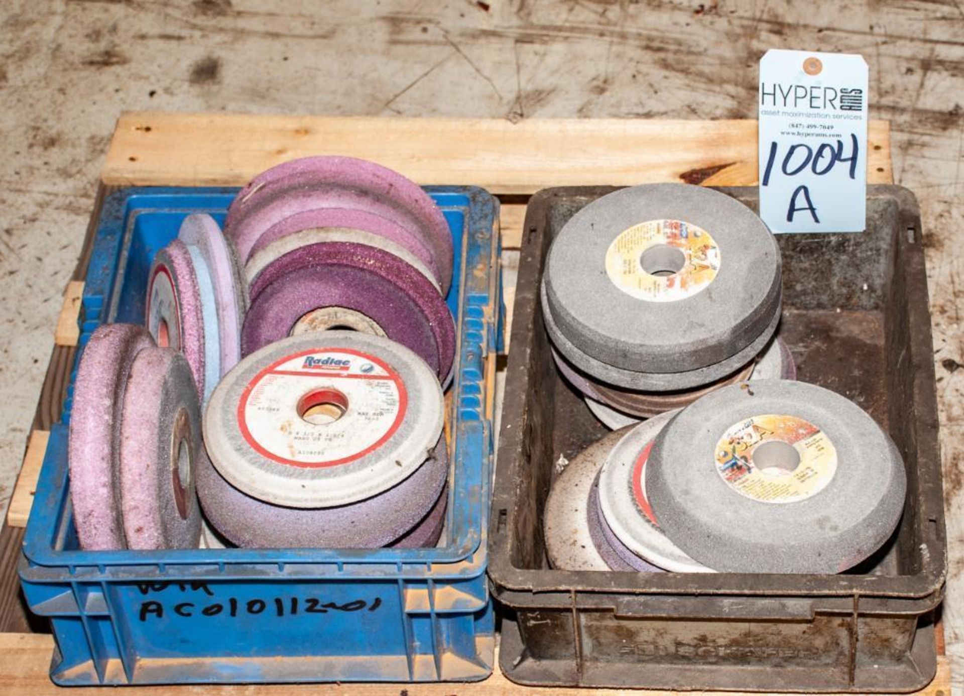 Lot c/o: Assorted (2) Small Totes Grinding Wheels, Most appear to Be 7-8" w/ 1 1/4" Arbor Hole, on p