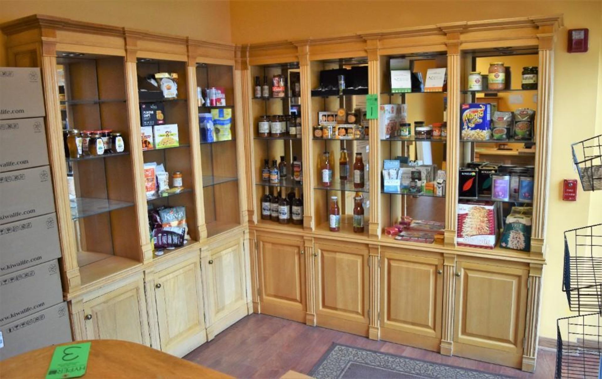 7' x 15" x 7' High L-Shape Wooden Display Case w/ 64" x 15" x 7' High Left Return, Cabinet Style Bas