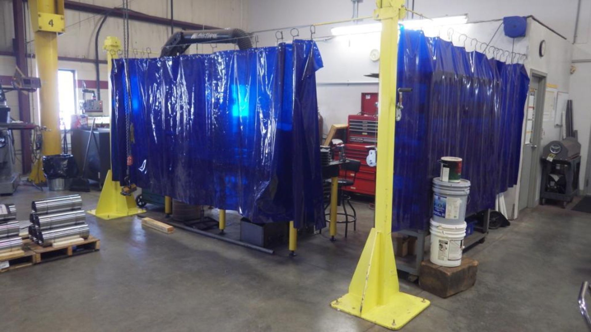 Lot c/o: Assorted Welding Curtains c/o: (4) Up rights 8' tall, (1) 66" X 12' lg curtain, (1) 66" X 8