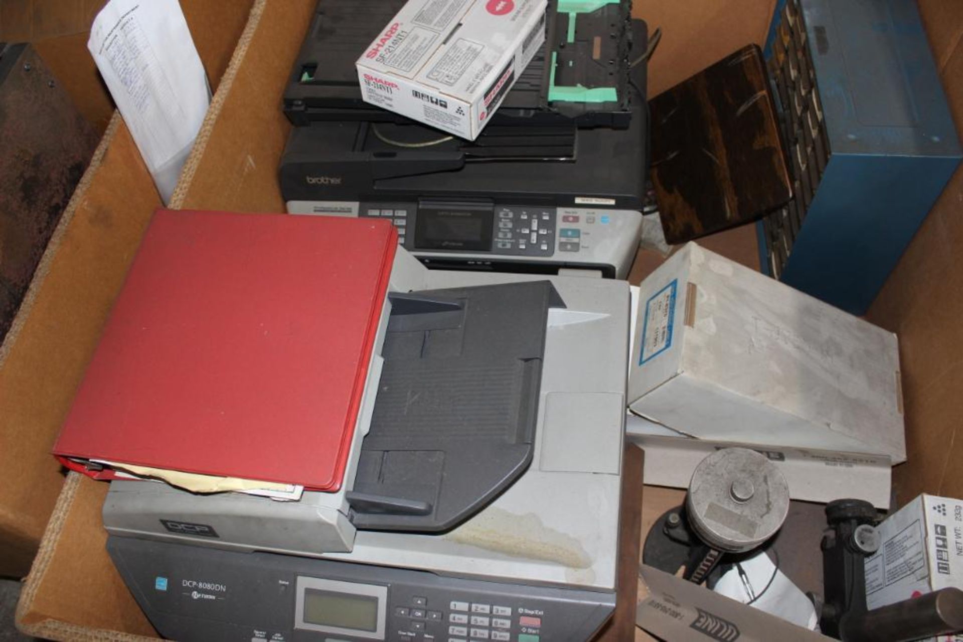 Lot c/o: Row of boxes including copiers & Misc. equipment & tank ( has hole in it) - Image 3 of 6
