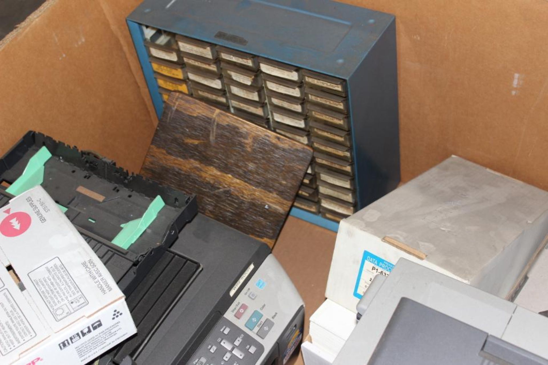 Lot c/o: Row of boxes including copiers & Misc. equipment & tank ( has hole in it) - Image 4 of 6
