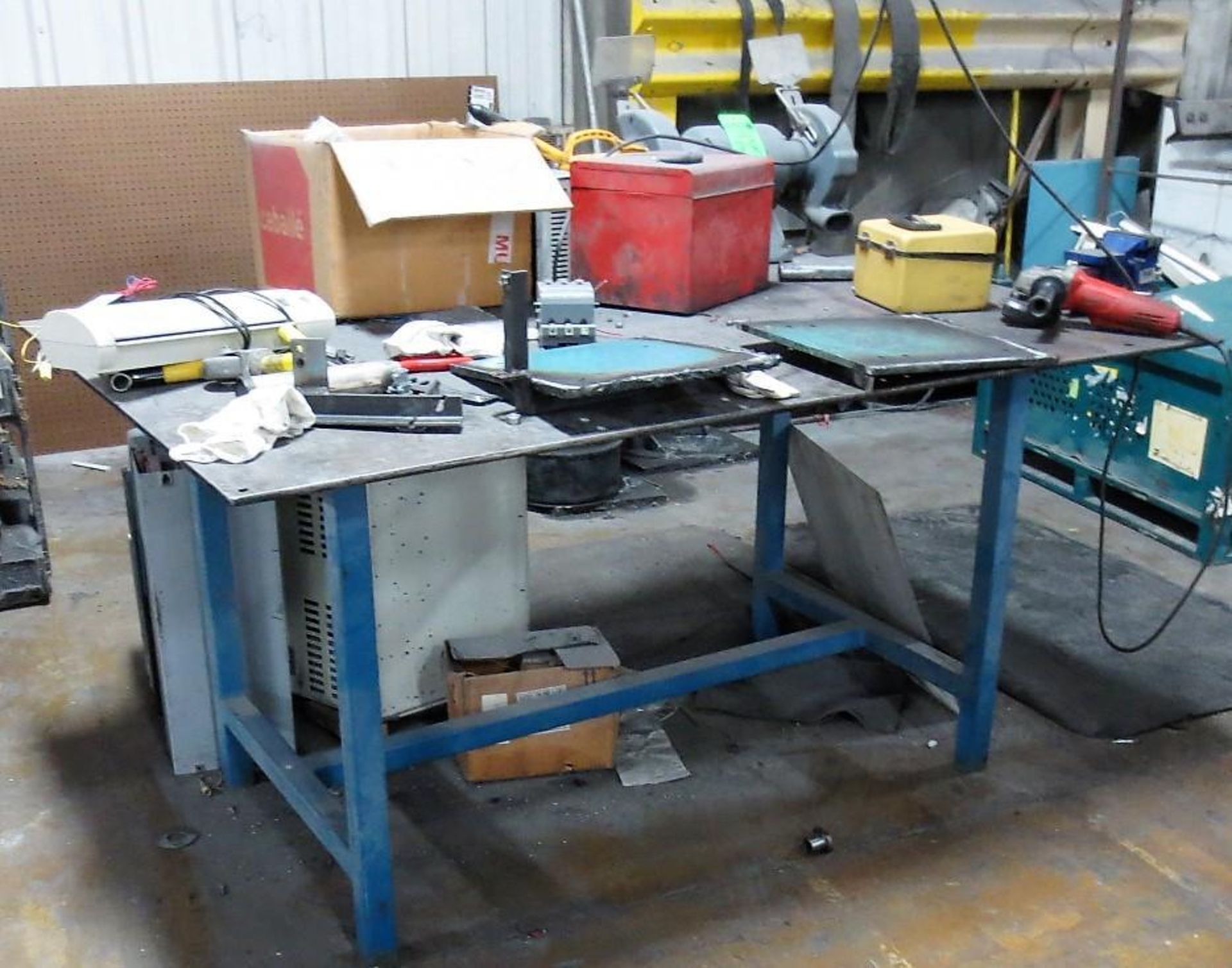 6' X 4' Steel Table with 4" Bench Vise and Baldor 3/4 HP Double end Grinder-No other contents are in