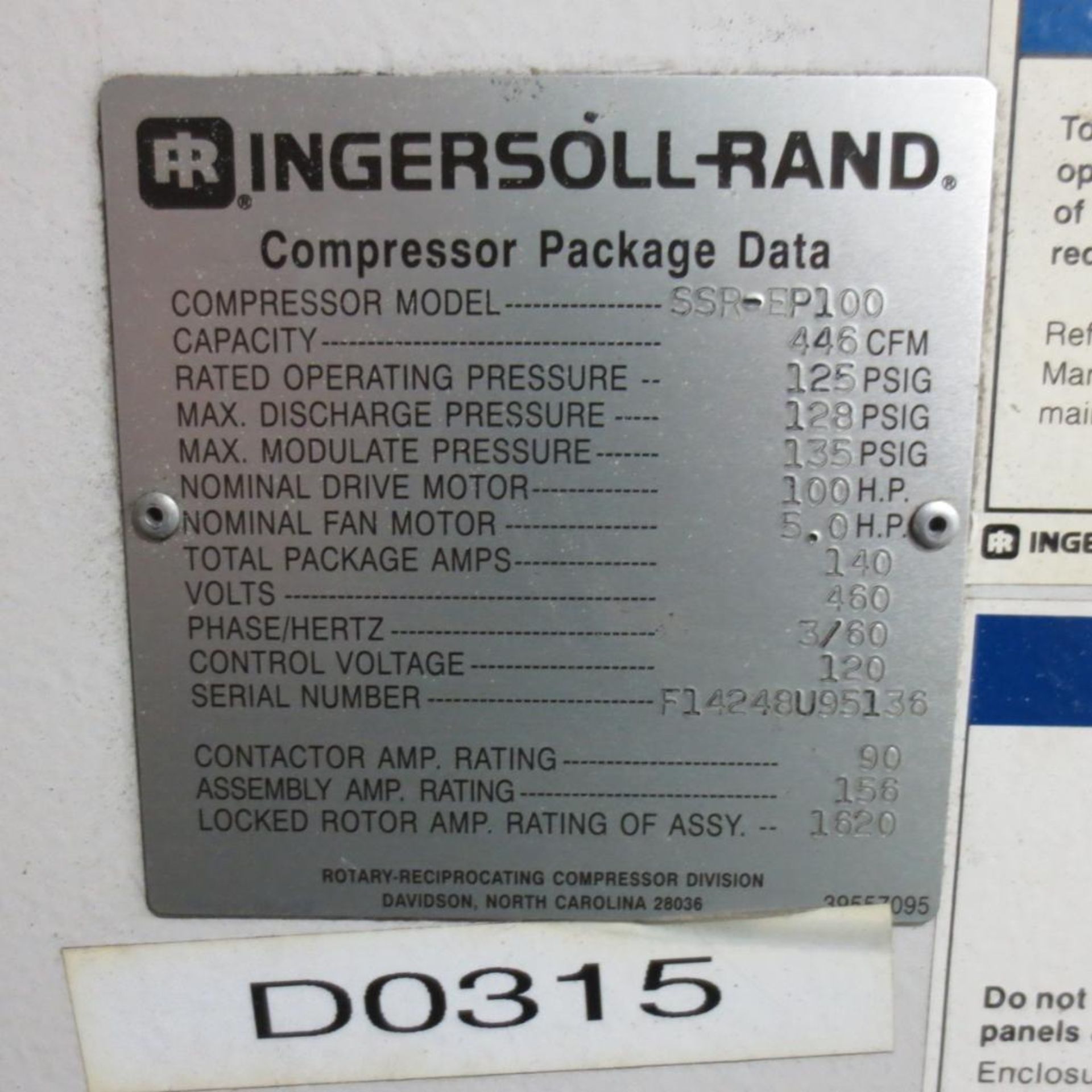 Ingersoll-Rand Model SSR-EP100, 125 PSI Air Compressor, 446 CFM, 100 HP Motor, 460 V, 3 PH S/N F1424 - Image 5 of 5