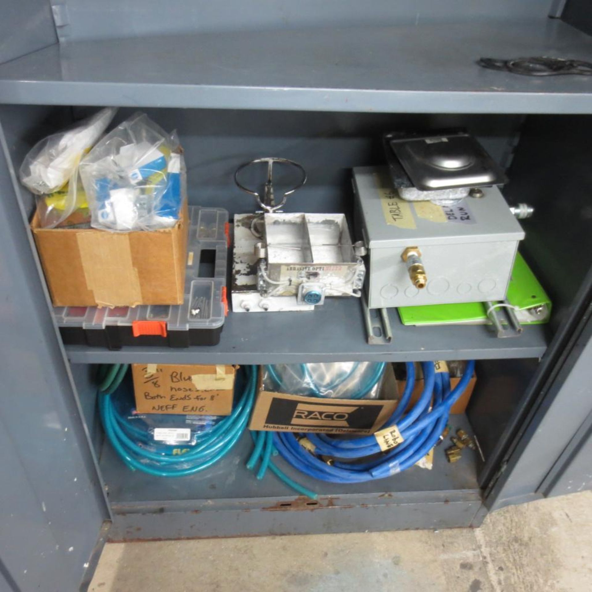 Plastic Shelf and Two Door Cabinet with Abrasives Pads, Ear Plugs, Tools, Hose and Sponges ( Loc. On - Image 6 of 6
