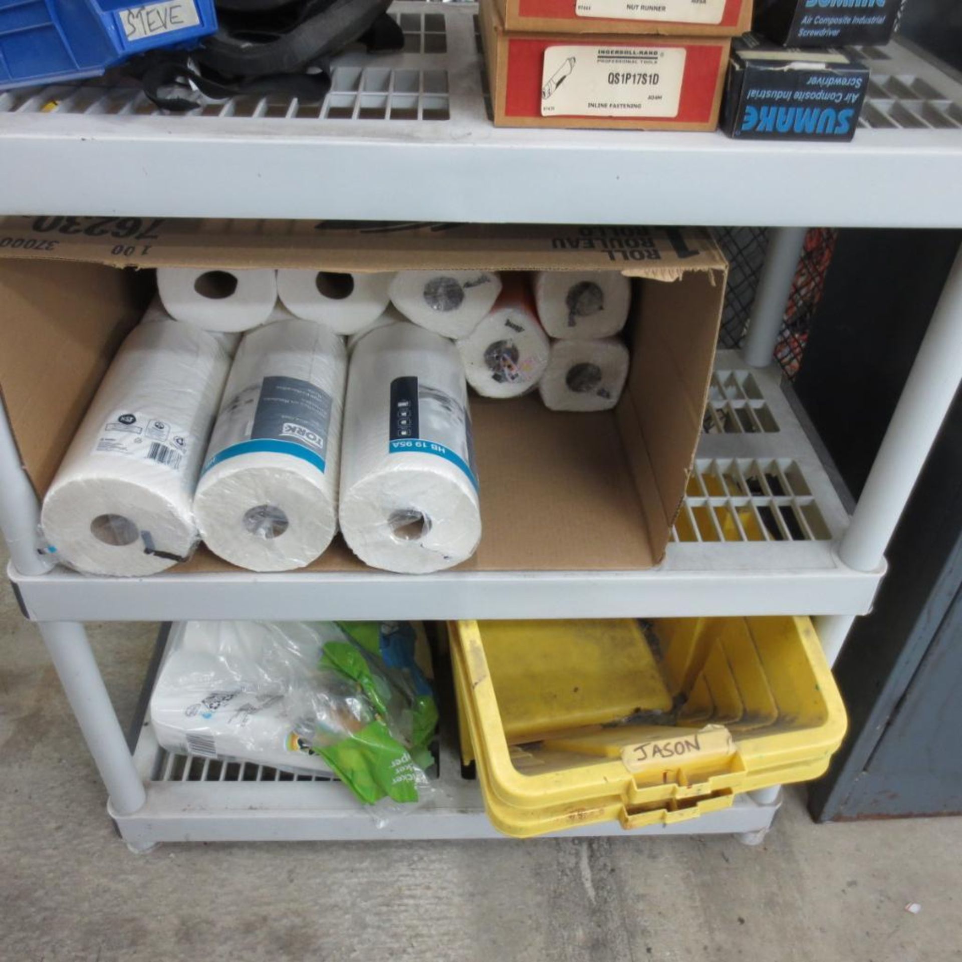 Plastic Shelf and Two Door Cabinet with Abrasives Pads, Ear Plugs, Tools, Hose and Sponges ( Loc. On - Image 2 of 6