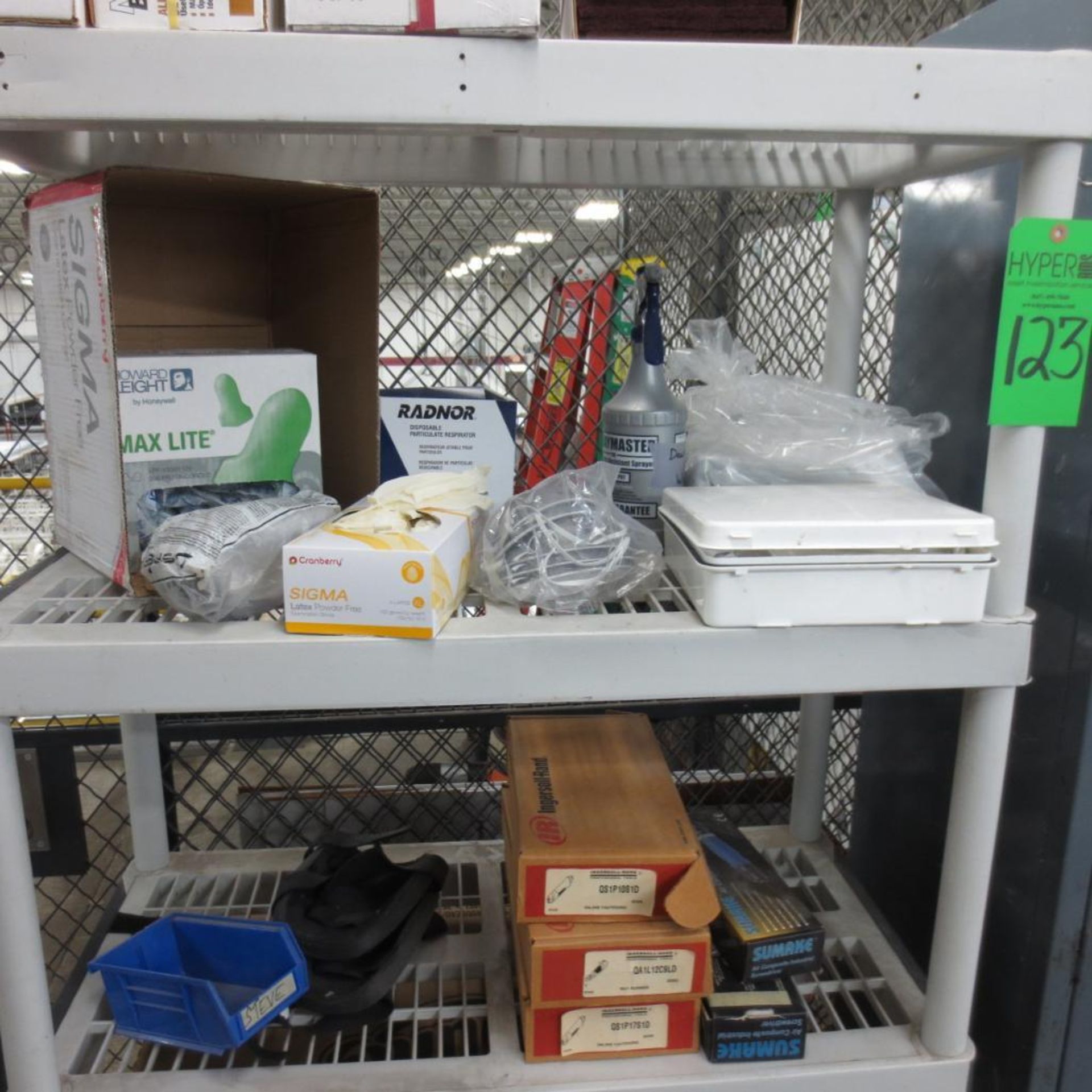 Plastic Shelf and Two Door Cabinet with Abrasives Pads, Ear Plugs, Tools, Hose and Sponges ( Loc. On - Image 3 of 6