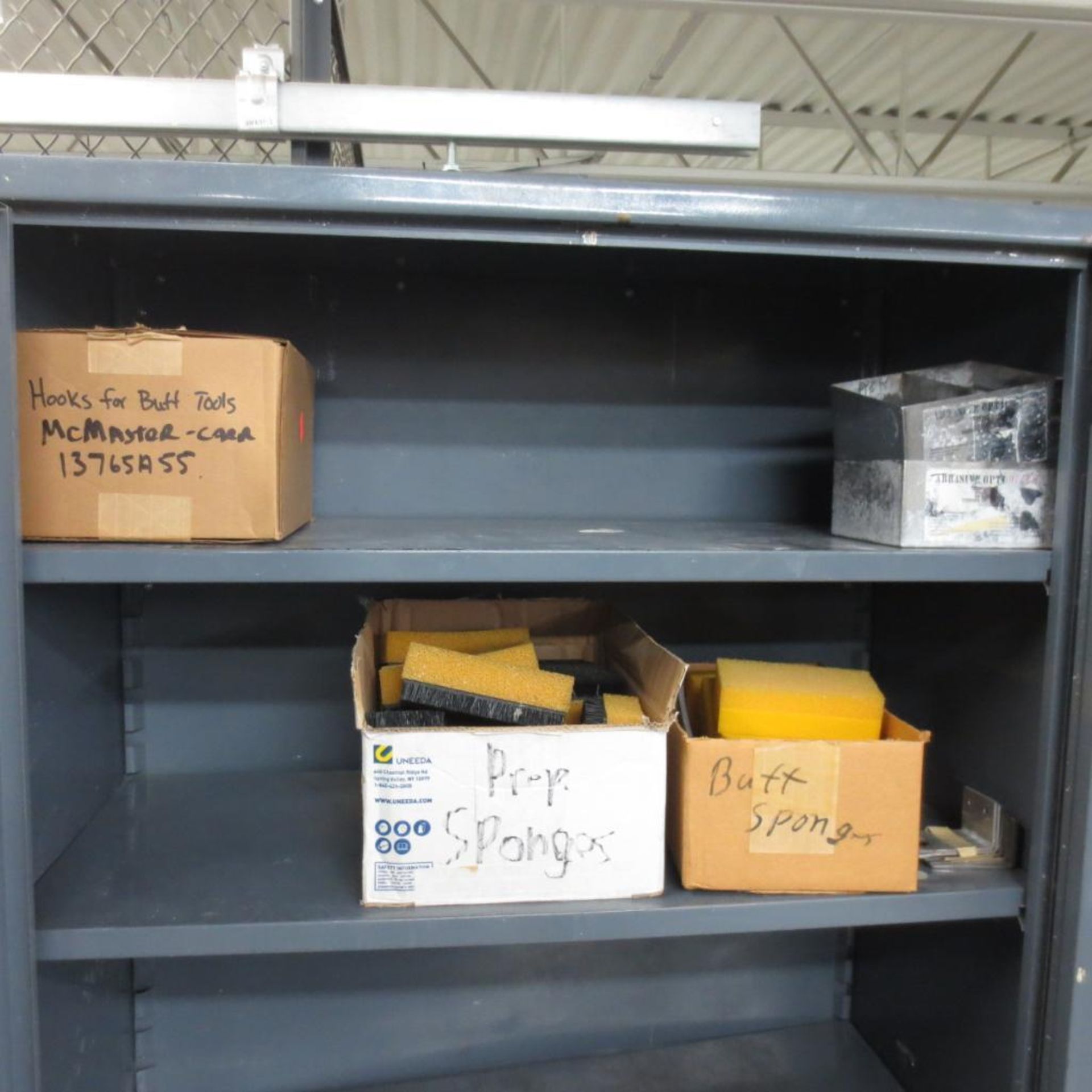 Plastic Shelf and Two Door Cabinet with Abrasives Pads, Ear Plugs, Tools, Hose and Sponges ( Loc. On - Image 5 of 6